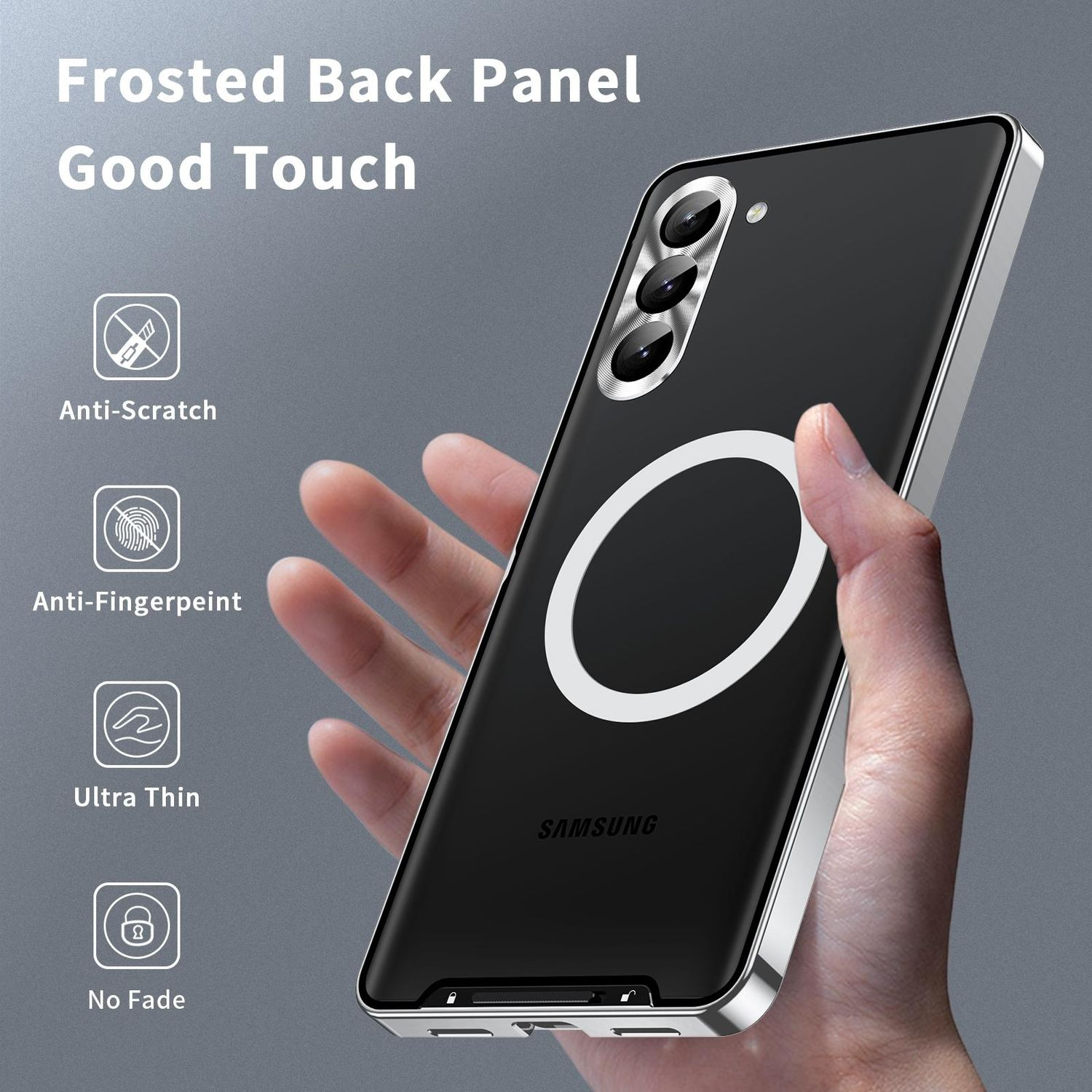Hand hält eine schwarze Handyhülle mit Funktionssymbolen und einem Telefon.
