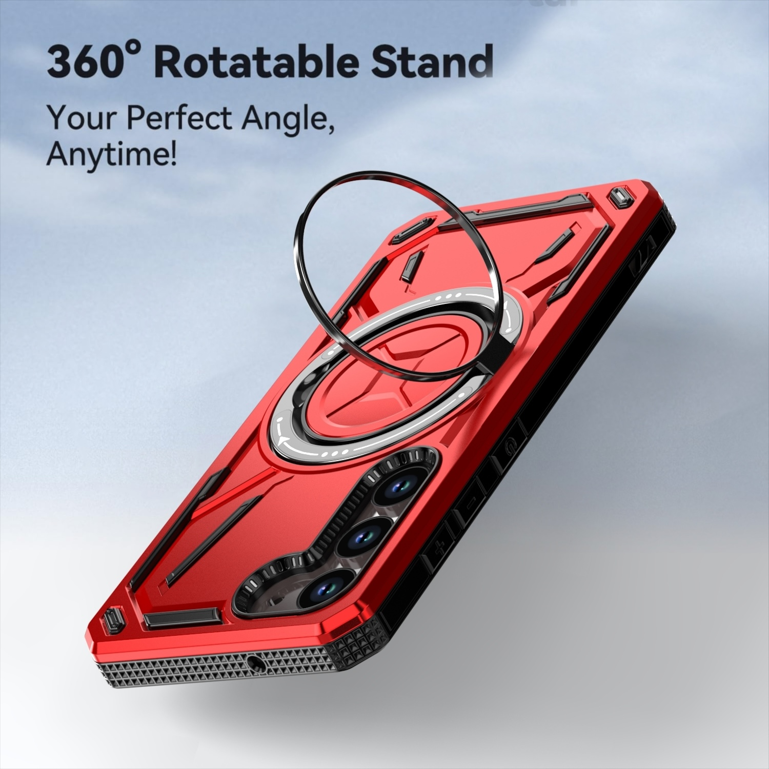 Rote Handyhülle mit drehbarem Ring. Text: 360° drehbarer Ständer. Jederzeit Ihr perfekter Winkel!