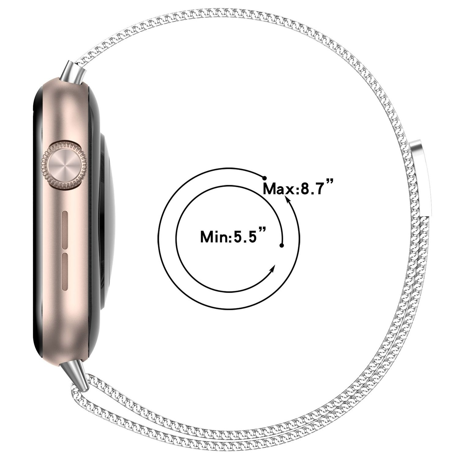 Roségoldene Smartwatch mit silbernem Armband, das die verstellbare Größe des Armbands zeigt.