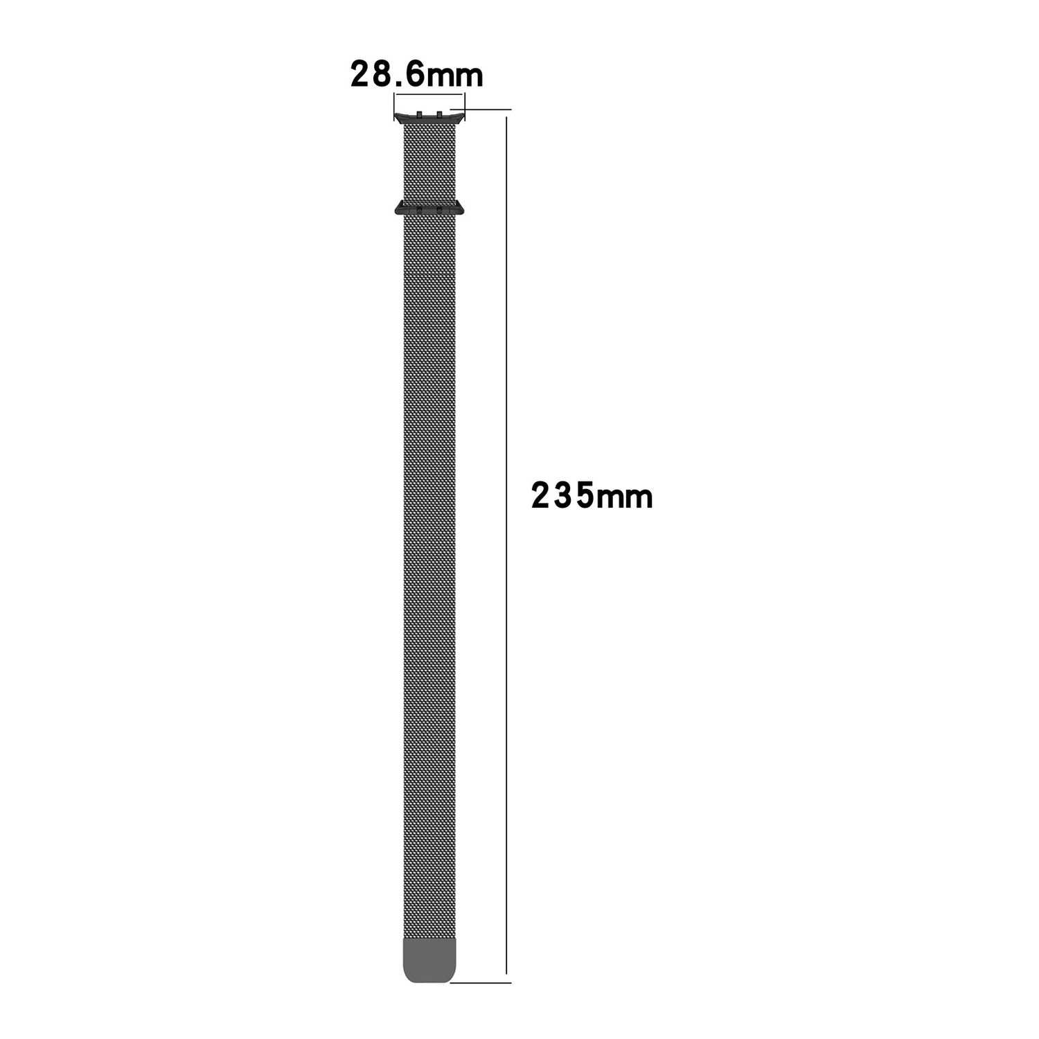 Ein langes, silbernes Uhrenarmband mit den Maßen 235 mm Länge und 28,6 mm Breite.