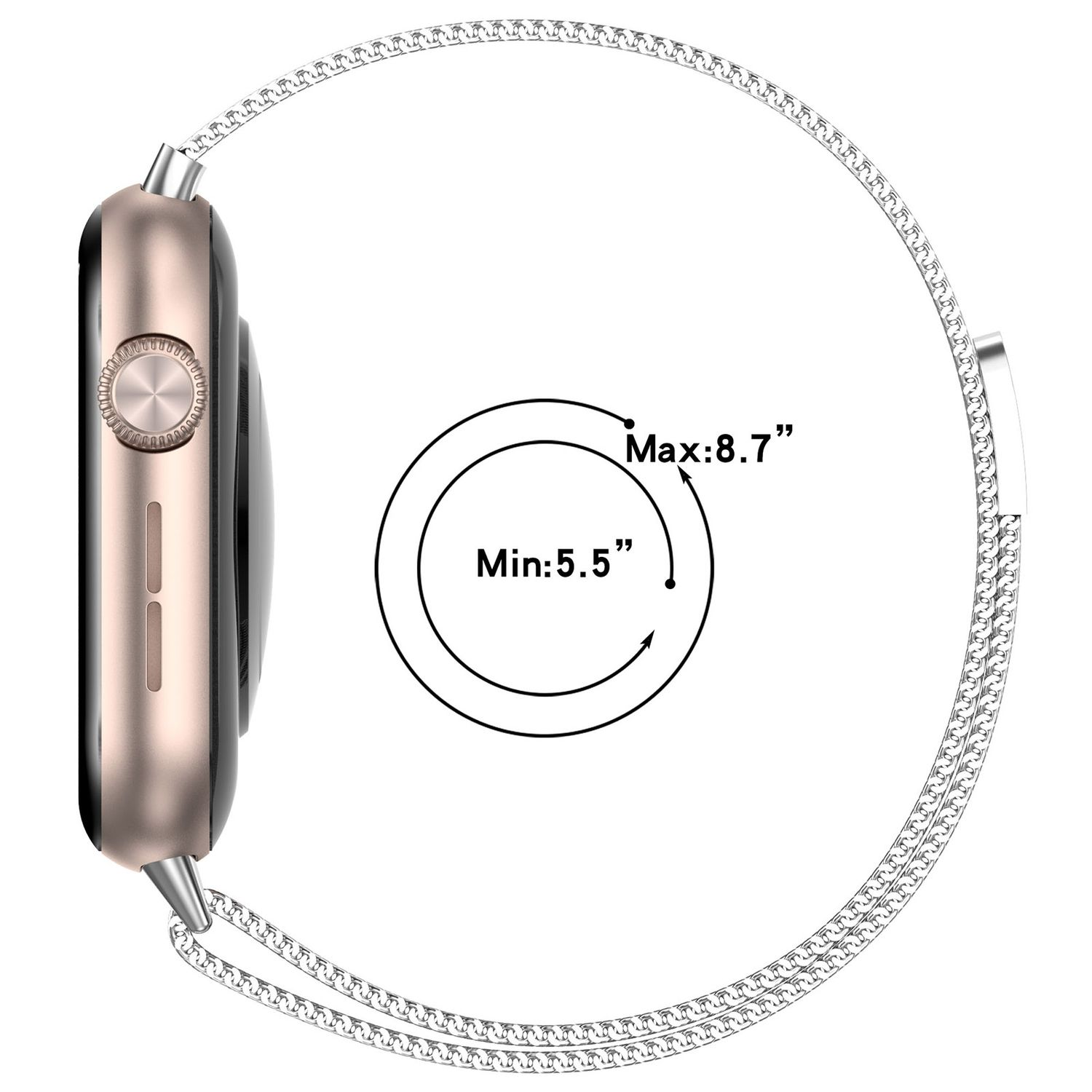 Seitenansicht einer goldenen Apple Watch mit silbernem Armband. Schwarzer Hintergrund.