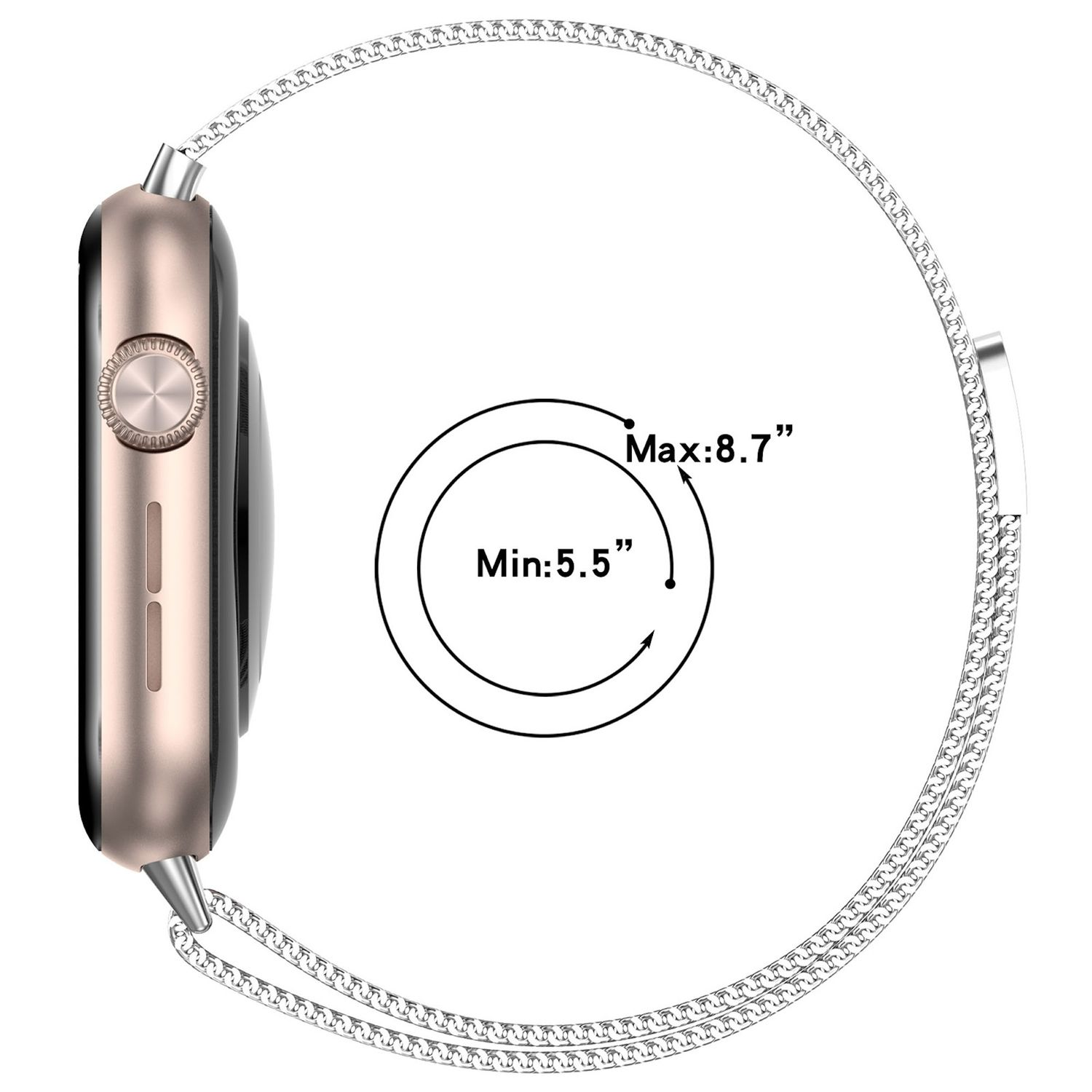 Silberne Uhr vor weißem Hintergrund. Das Armband ist aus Metall, ein Kreis zeigt die Handgelenkgröße.