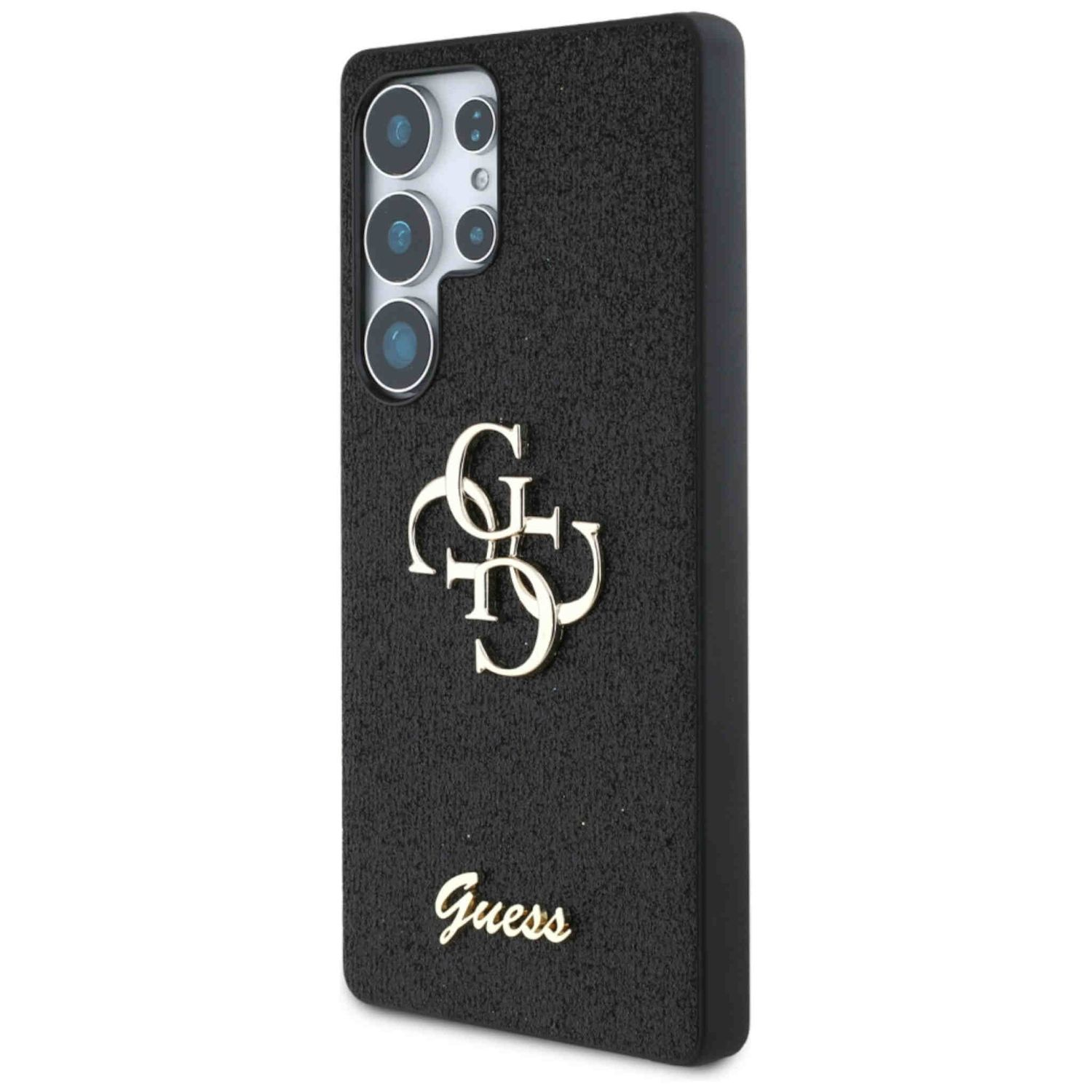 Una custodia per telefono nera. Ha il logo 'GUESS' in oro. La superficie è strutturata.