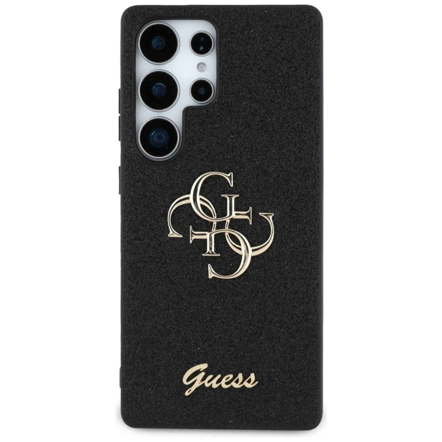 Custodia per telefono nera con logo Guess dorato. La custodia ha una superficie strutturata.