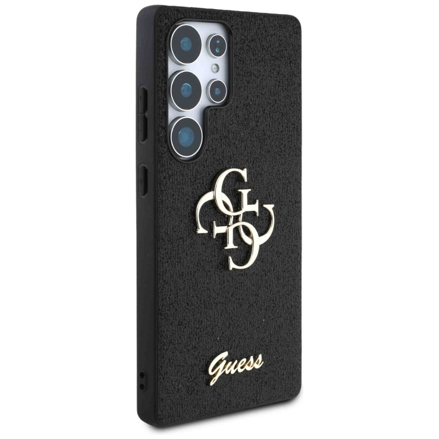 Custodia per telefono nera con logo Guess dorato. Superficie strutturata e design sagomato per la fotocamera.