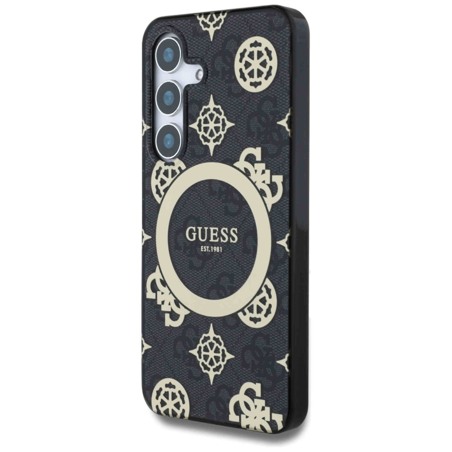 Schwarze Handyhülle mit Guess-Logo-Muster. Das Logo ist ein weißer Kreis mit dem Wort 'GUESS'.