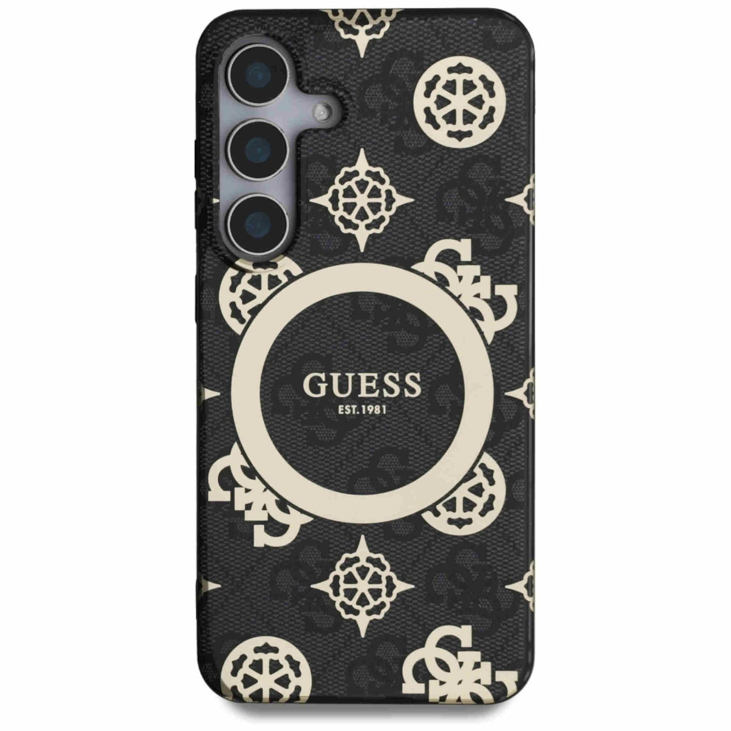Eine Handyhülle mit einem schwarz-beigen Guess-Muster, die das Telefon mit der Kamera zeigt.