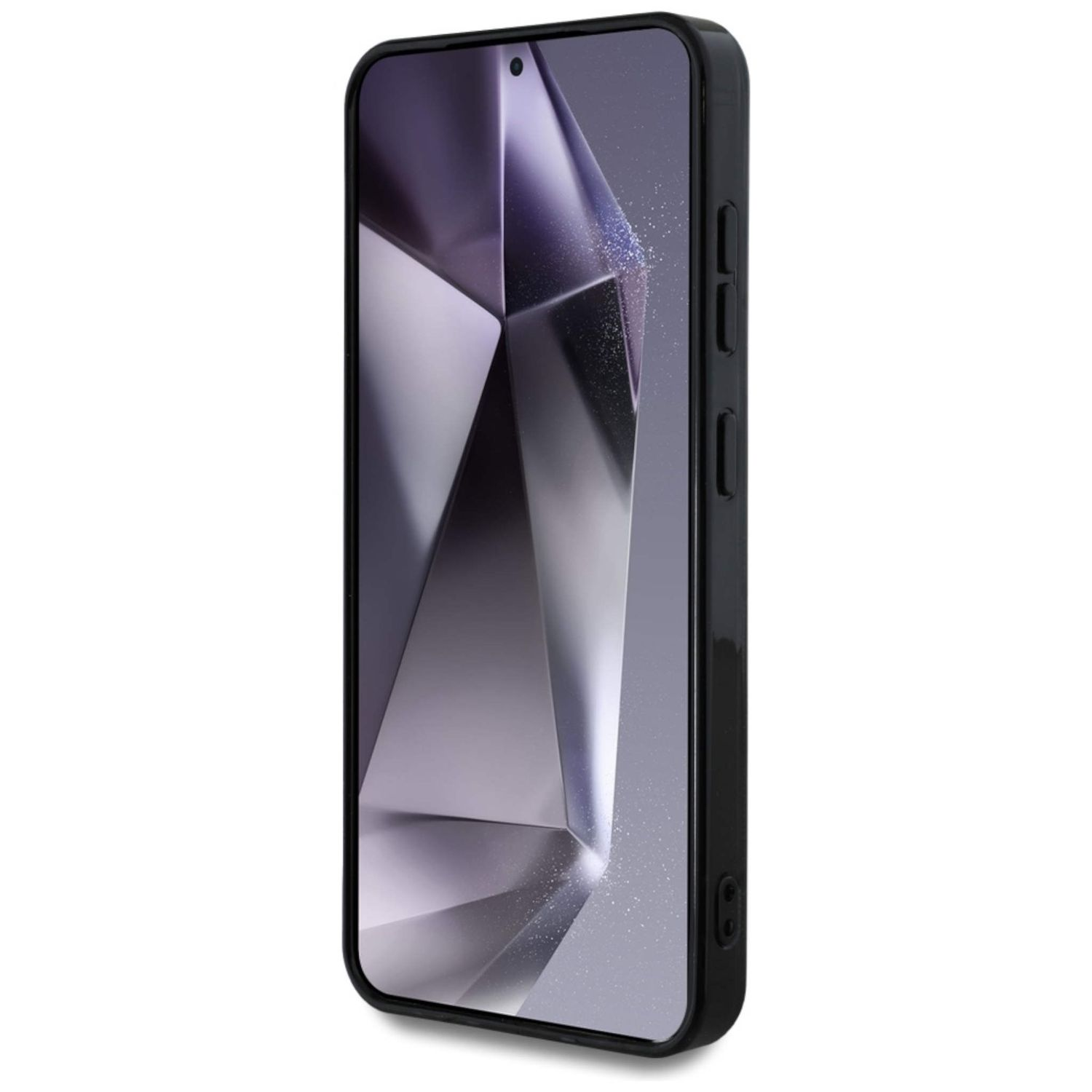 Ein schwarzes Telefon in einer schwarzen Hülle. Der Bildschirm zeigt ein geometrisches Design in Grautönen.