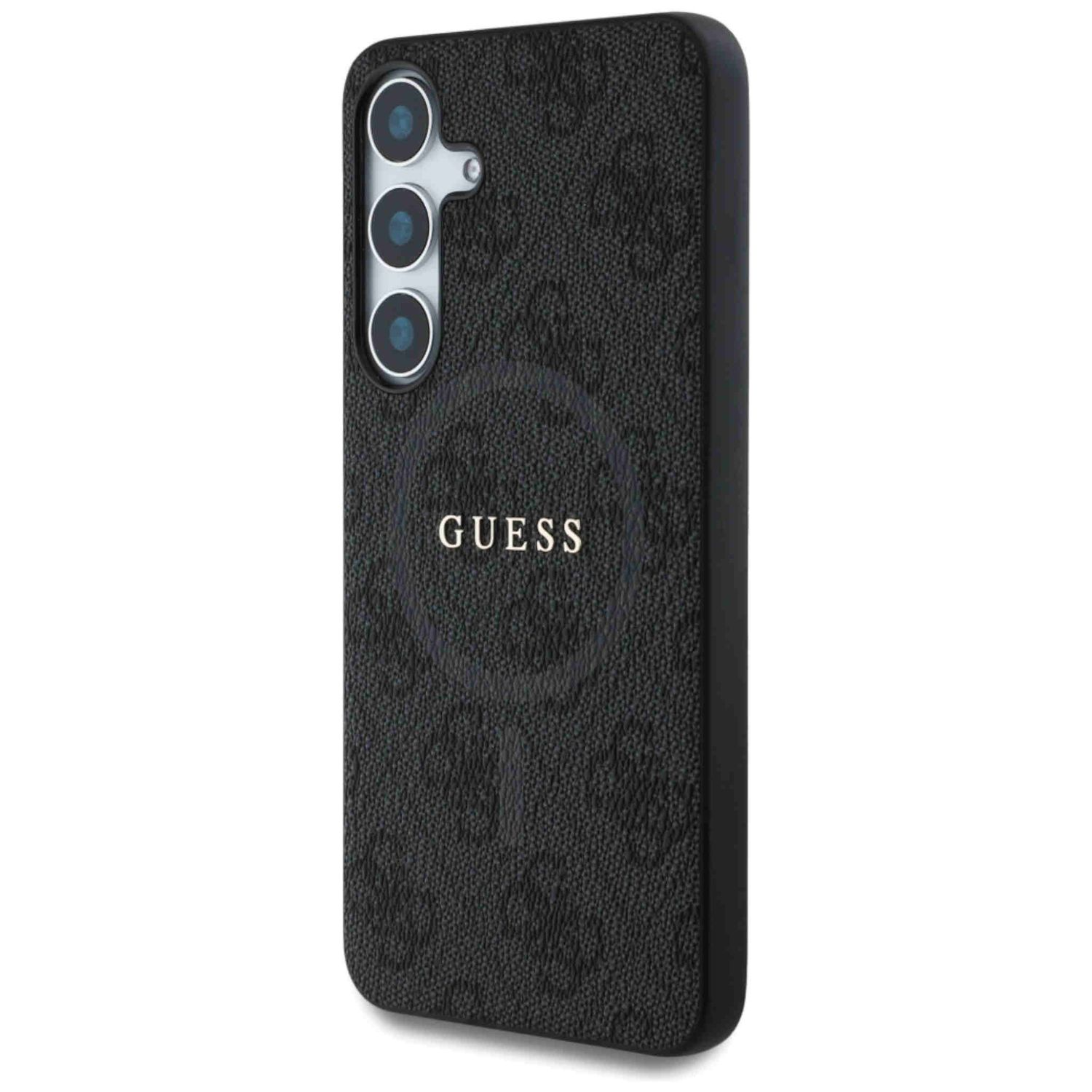 Czarne etui na telefon z logo Guess i trzema obiektywami aparatu. Etui ma wzór o fakturze.