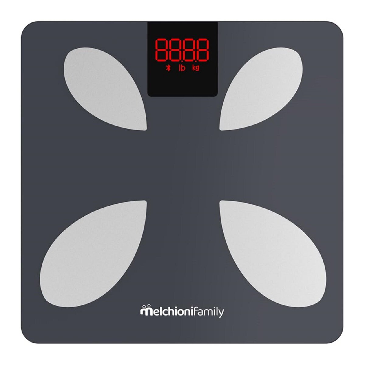 Czarna i szara inteligentna waga z czerwonym wyświetlaczem cyfrowym pokazującym wagę.
