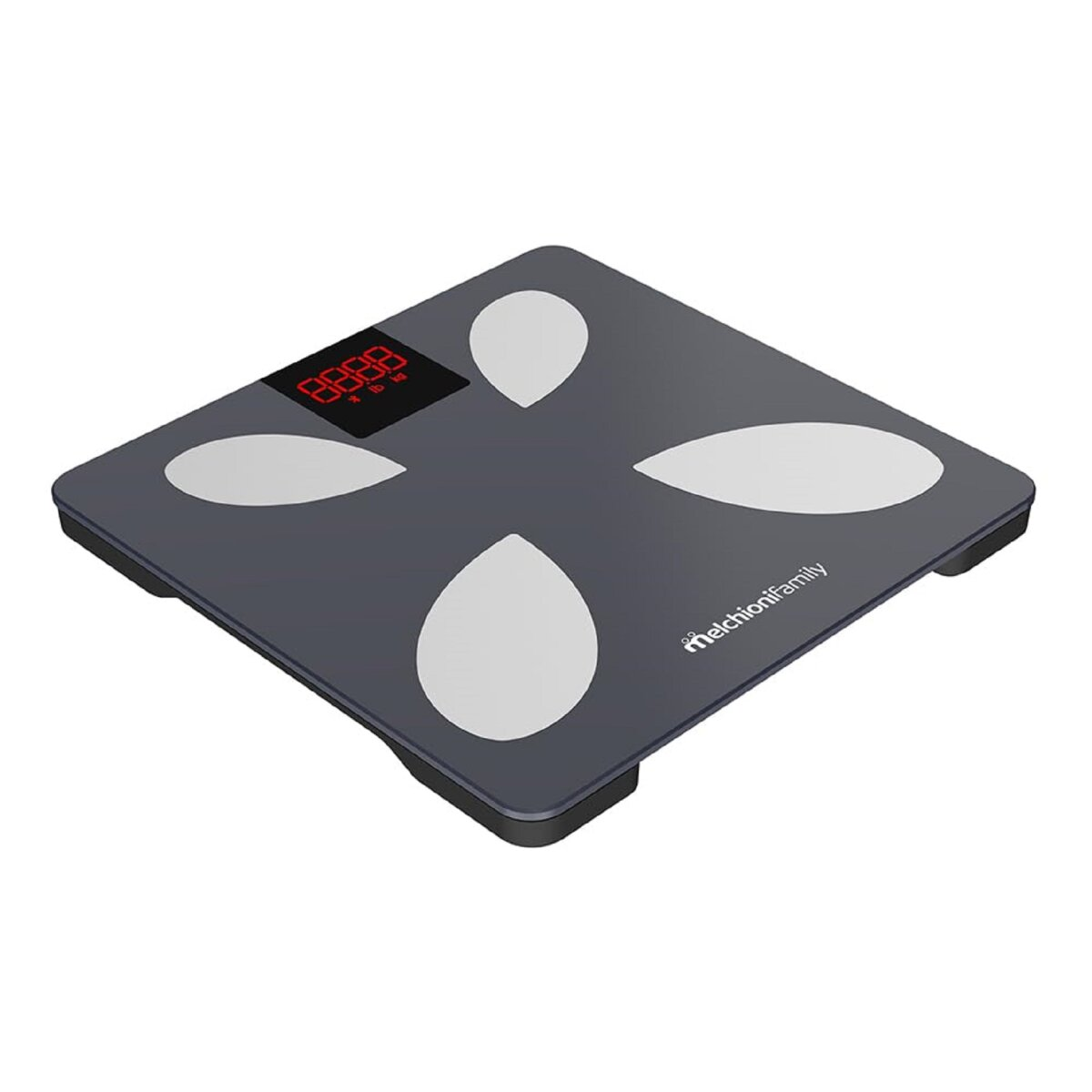 Ciemnoszara waga cyfrowa z czterema białymi podkładkami pod stopy i czerwonym wyświetlaczem cyfrowym.