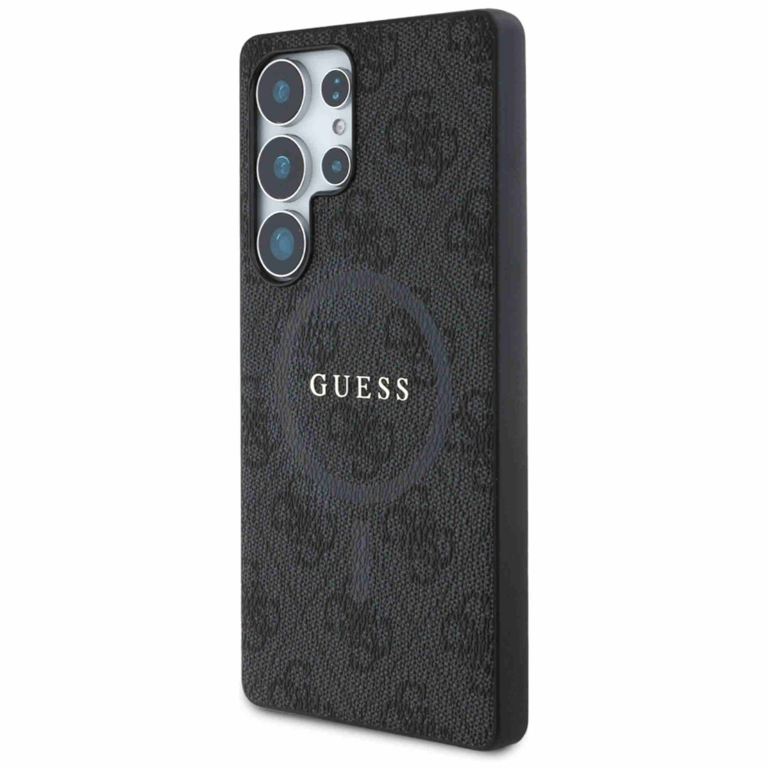 Custodia per telefono nera con il logo GUESS.
