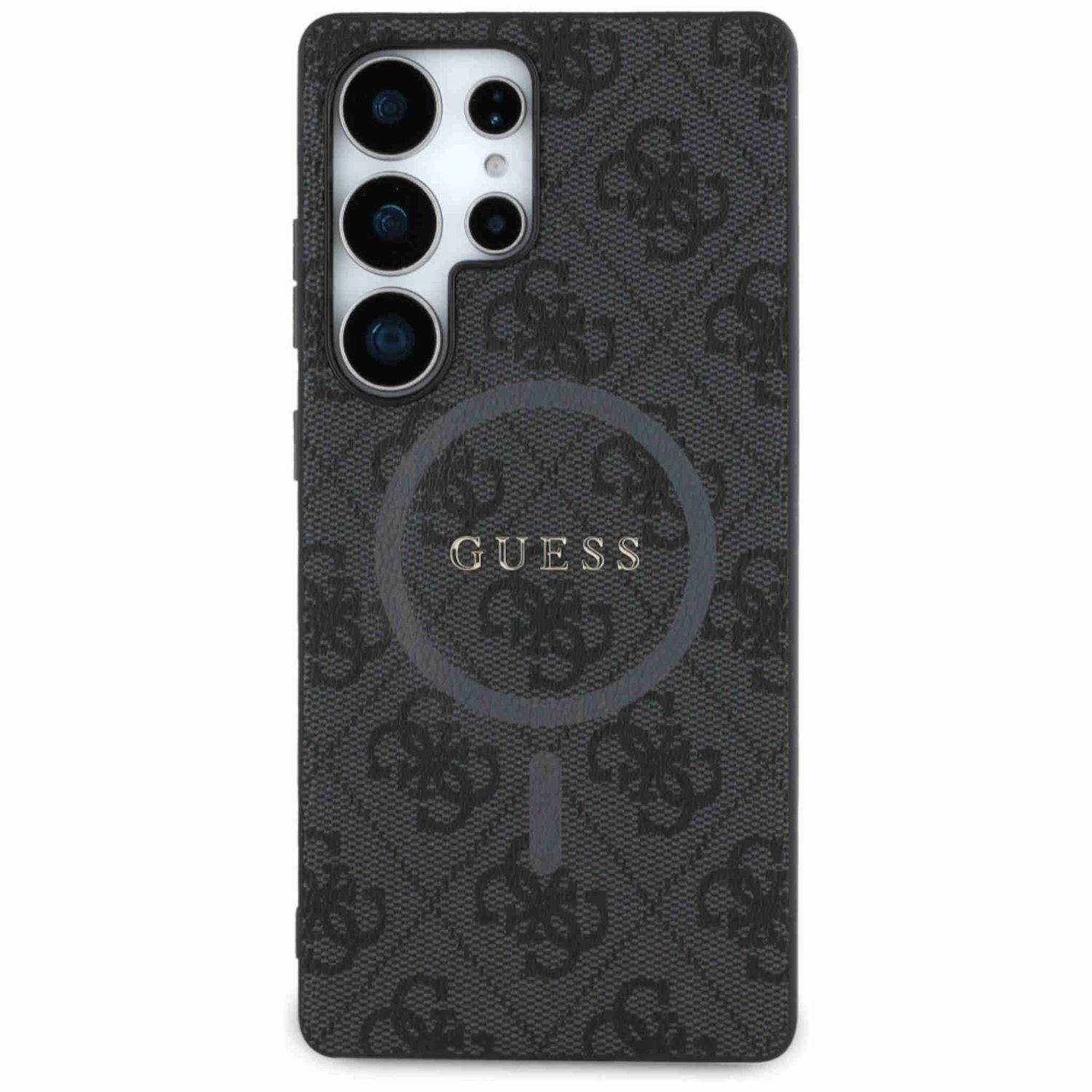 Una custodia nera per telefono con un motivo logo Guess. La custodia ha tre obiettivi.