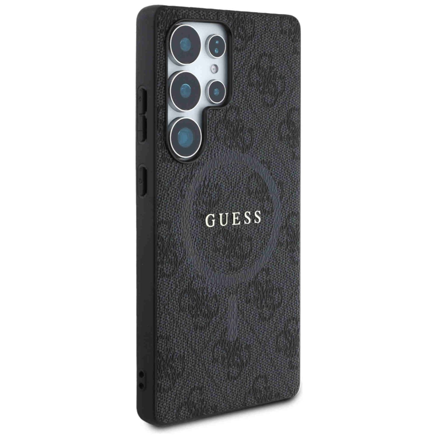 Custodia per telefono Guess nera. La custodia presenta un motivo e il logo Guess. Viene mostrato un telefono Samsung.