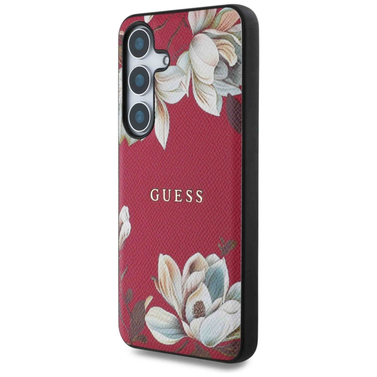 Handyhülle mit Blumendesign auf rotem Hintergrund. Die Marke 'GUESS' ist sichtbar.