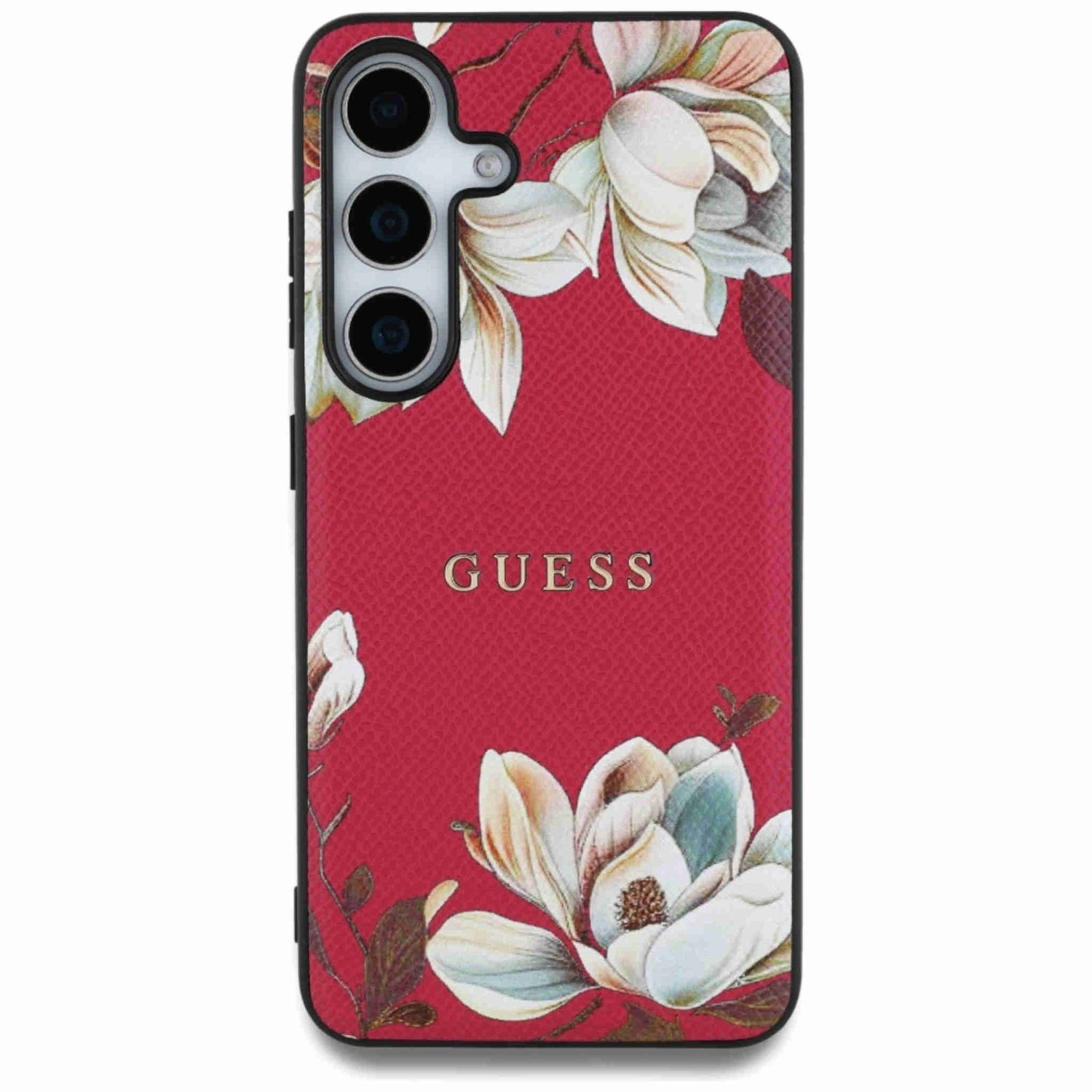 Handyhülle mit floralem Design auf rotem Hintergrund, GUESS-Logo.