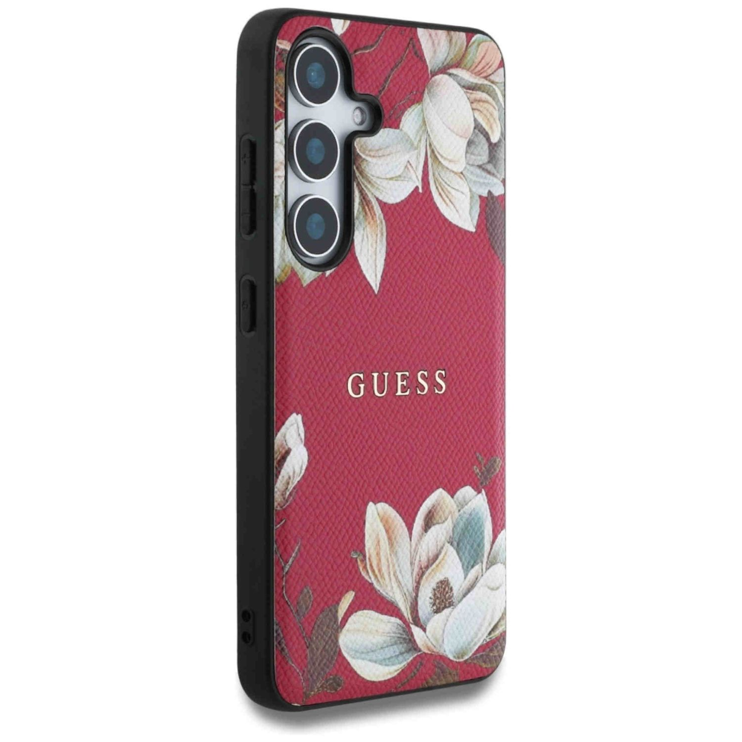 Rotes Guess-Handycase mit floralem Design und Kameraausschnitten.