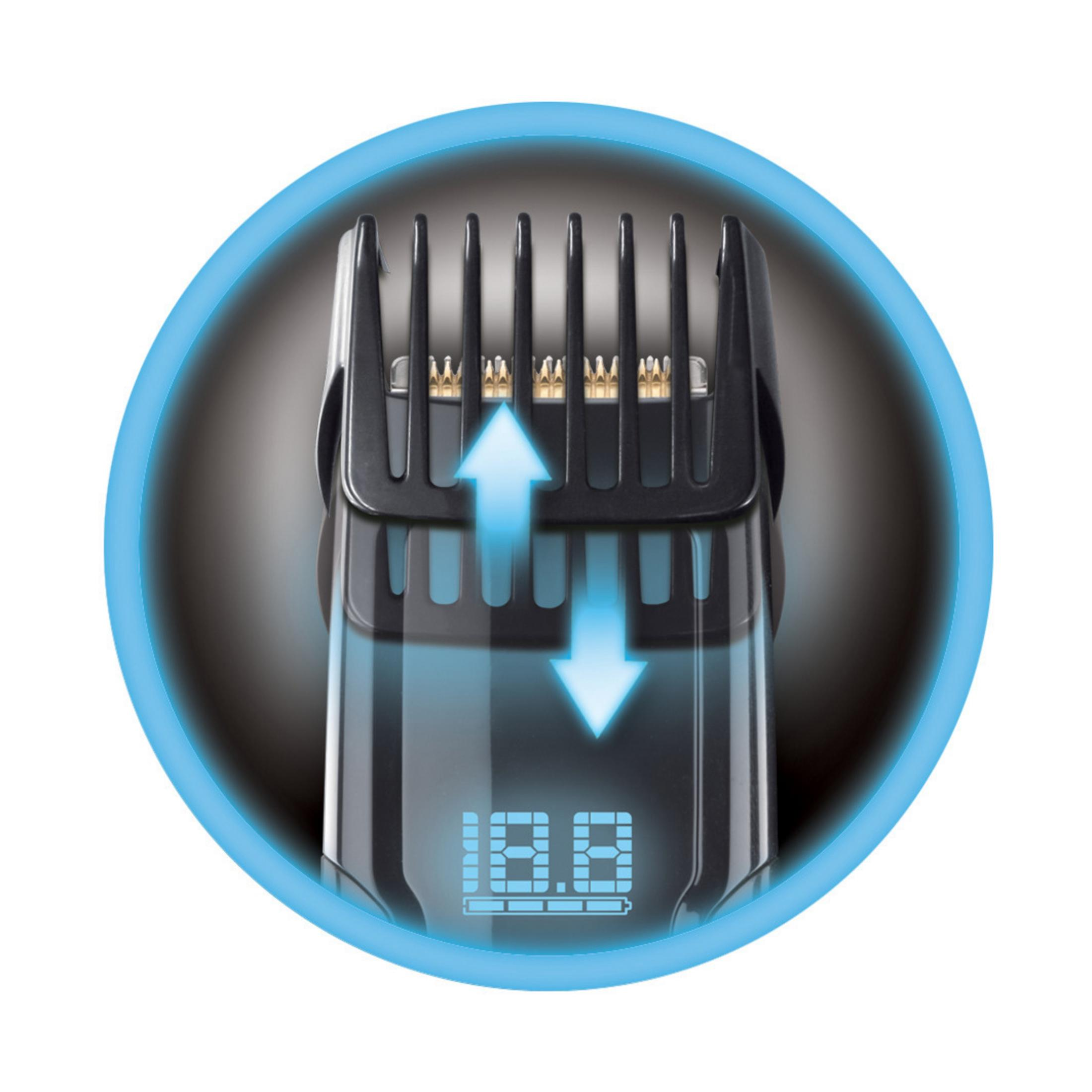 Primer plano del cabezal de una recortadora de barba con pantalla y flechas.
