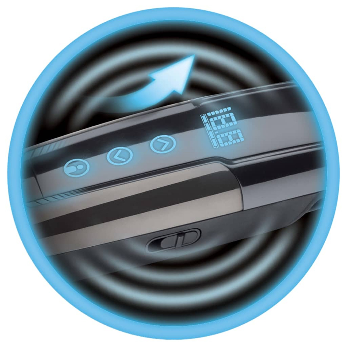 Primer plano de una afeitadora eléctrica negra y gris, con luz azul. Una flecha apunta a la pantalla.