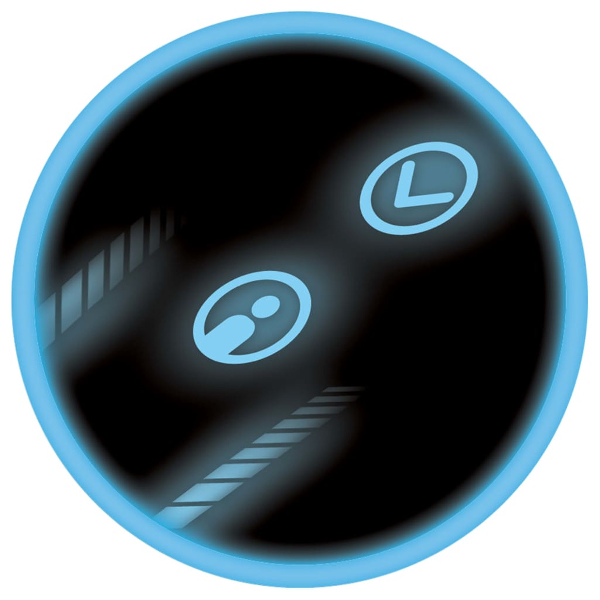 Un círculo azul oscuro con iconos blancos y líneas diagonales, rodeado por un anillo azul claro.