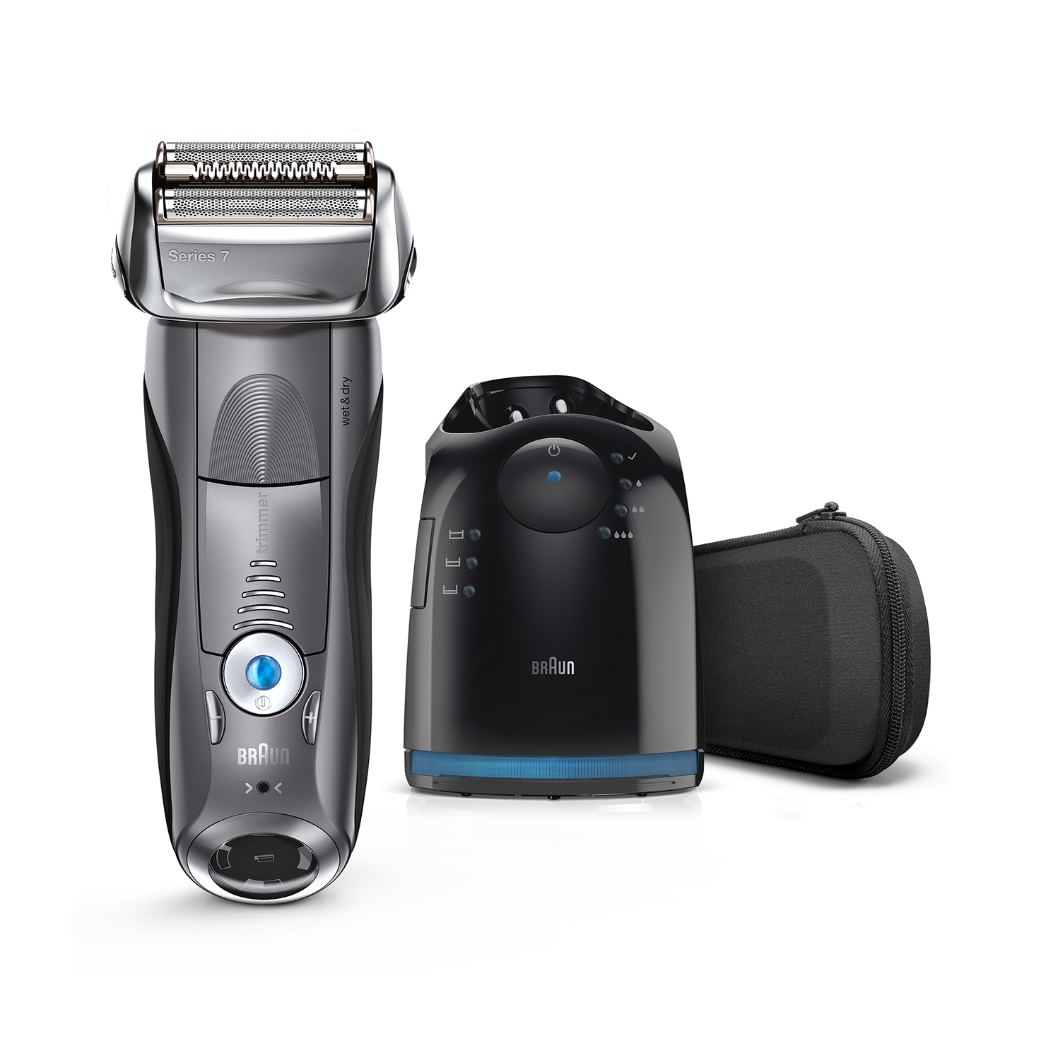 Golarka elektryczna Braun Series 7 z bazą ładującą i etui podróżnym. Czarno-srebrny design.