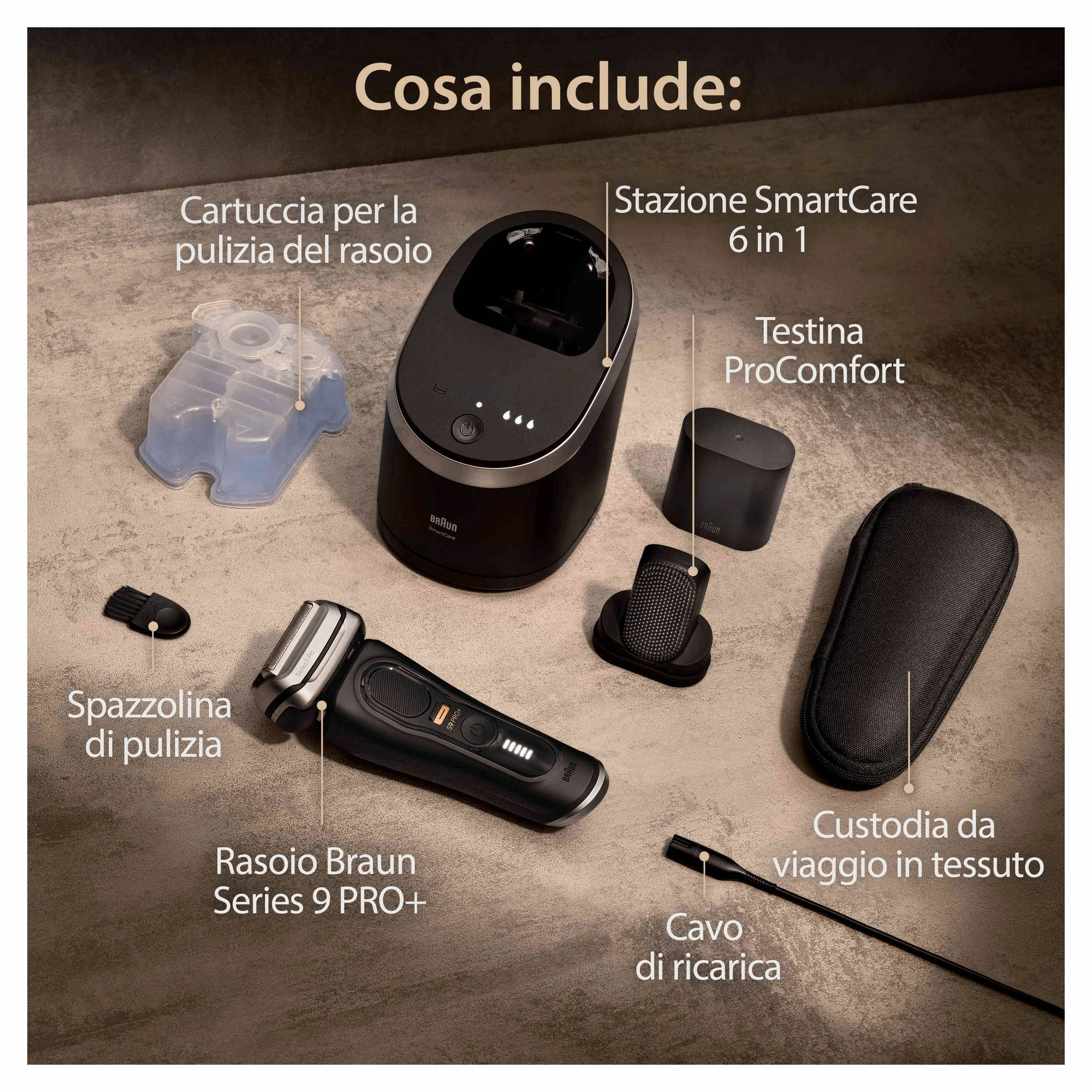 Zwart elektrisch scheerapparaat met reinigingspatroon, SmartCare station en accessoires.