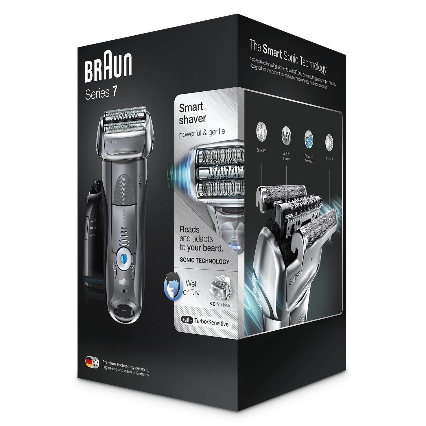 Pudełko golarki Braun Series 7. Pudełko przedstawia produkt i jego cechy.