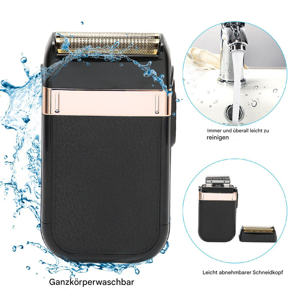 Schwarzer Elektrorasierer. Wasser spritzt um den Rasierer. Kleine Bilder zeigen Scherkopf und Rasierer.