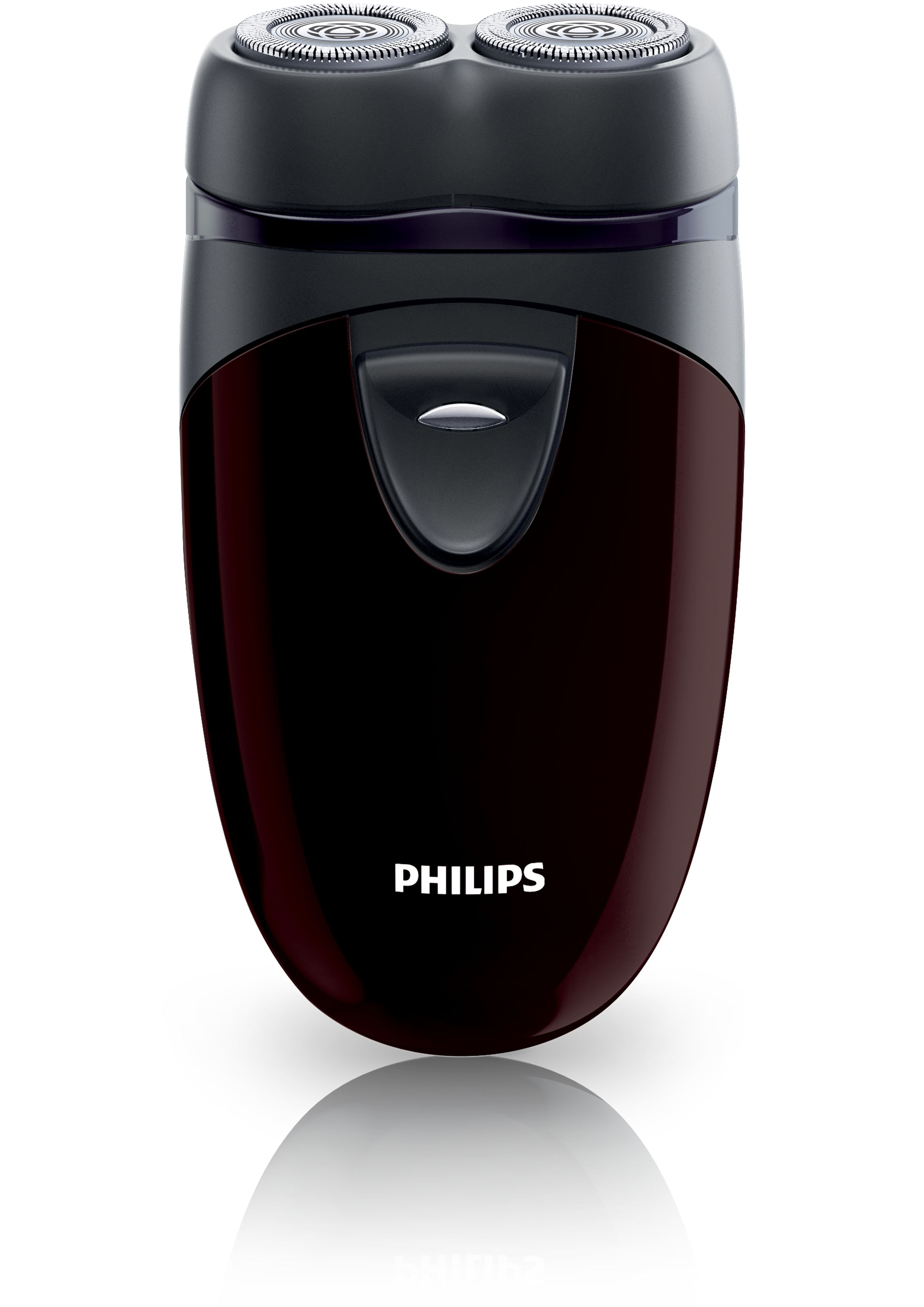 Rasoio elettrico Philips con schema di colori rosso scuro e nero. Sfondo bianco.