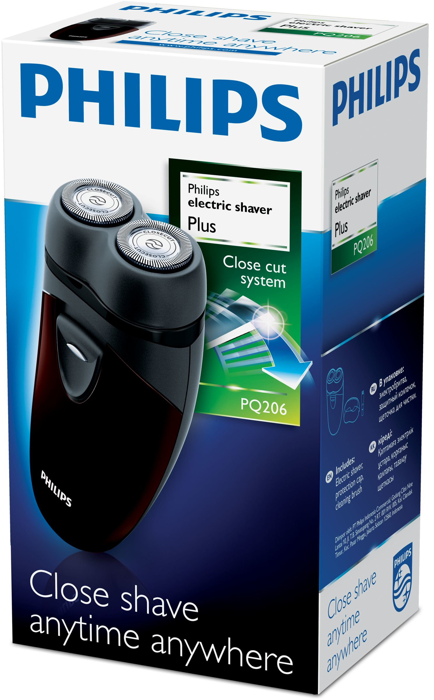 Una scatola di rasoio elettrico Philips con un sistema di taglio preciso e un design nero e rosso.