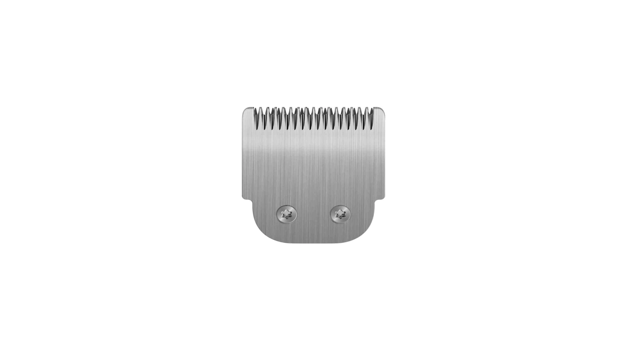 Nahaufnahme einer silbernen Haarschneideklinge aus Metall. Die Klinge ist rechteckig mit kleinen Zähnen an einer Kante.