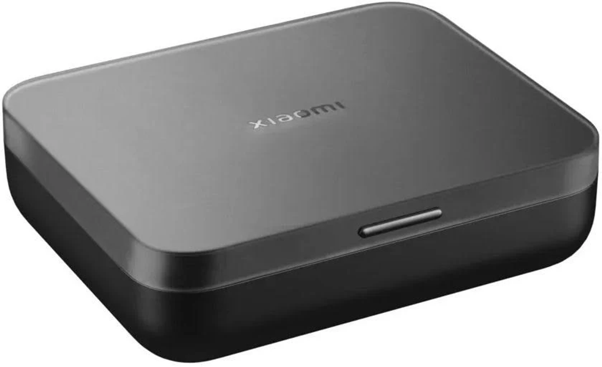 Eine schwarze rechteckige Box mit dem Wort „Xiaomi“ oben. Es hat einen kleinen silbernen Knopf.