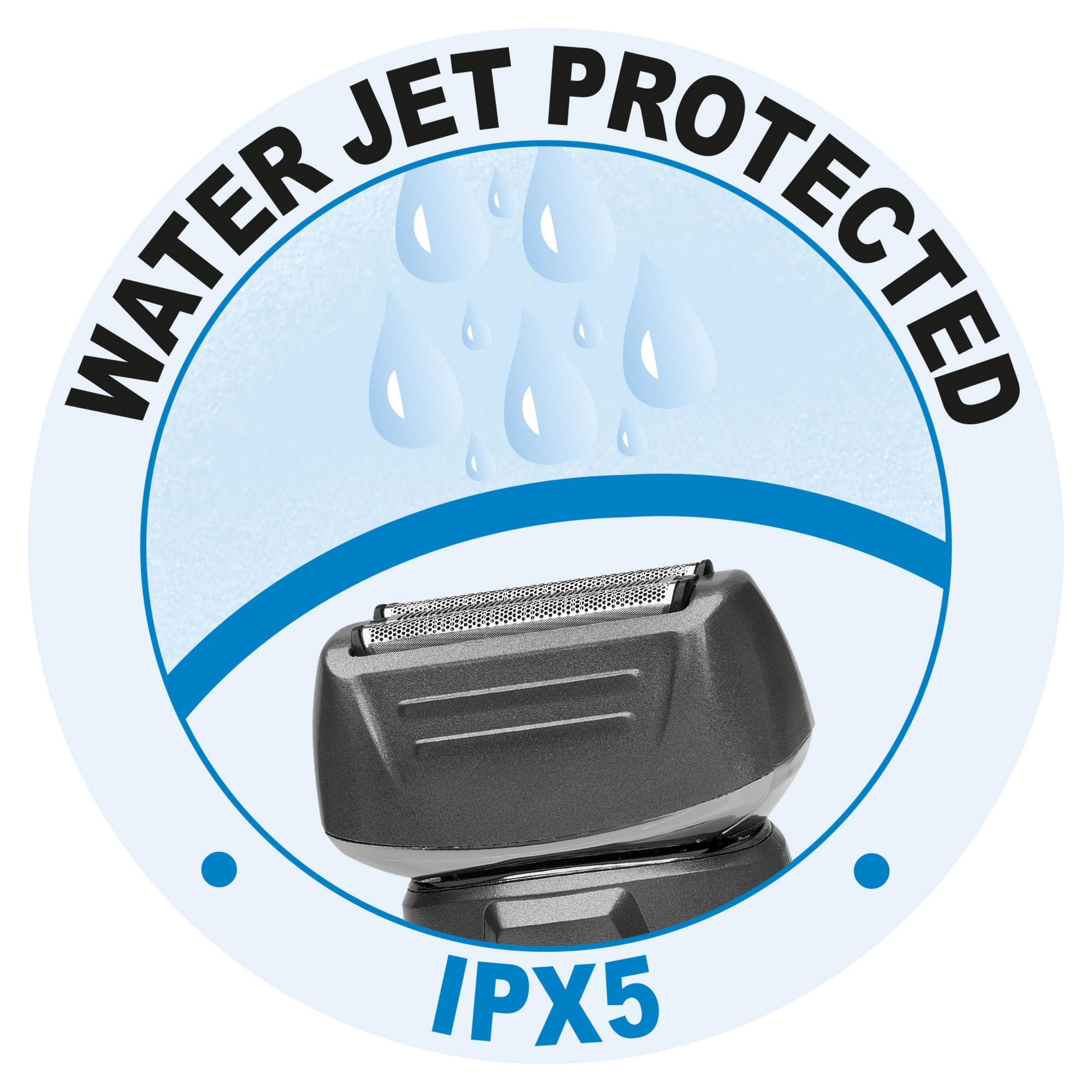 Nahaufnahme eines grauen Elektrorasiererkopfes mit Wassertropfen und dem Text 'WATER JET PROTECTED'.