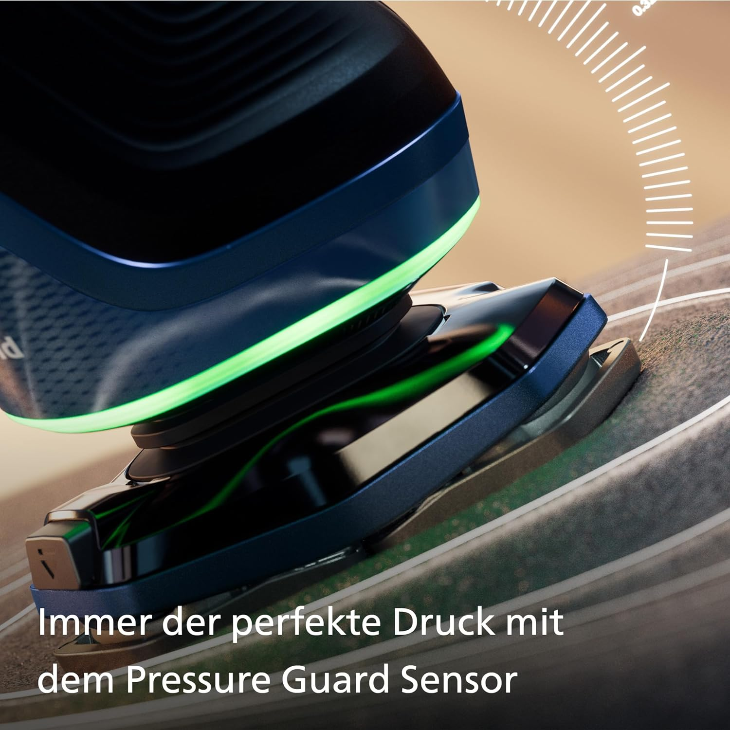 Primo piano di una testina per rasoio, evidenziando il sensore di protezione della pressione con testo in tedesco.
