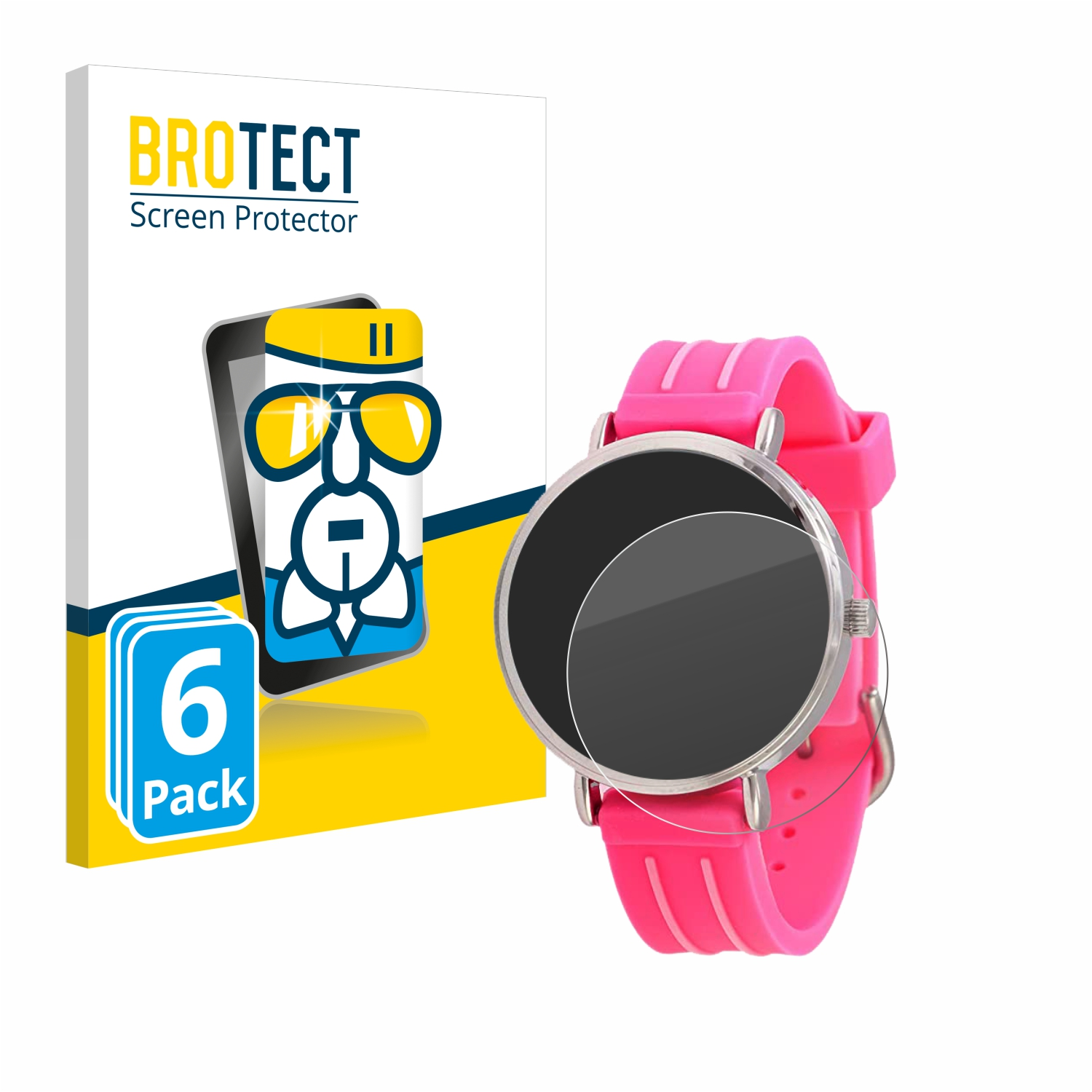 Rosa Smartwatch mit klarer Displayschutzfolie und weißer Displayschutzbox.