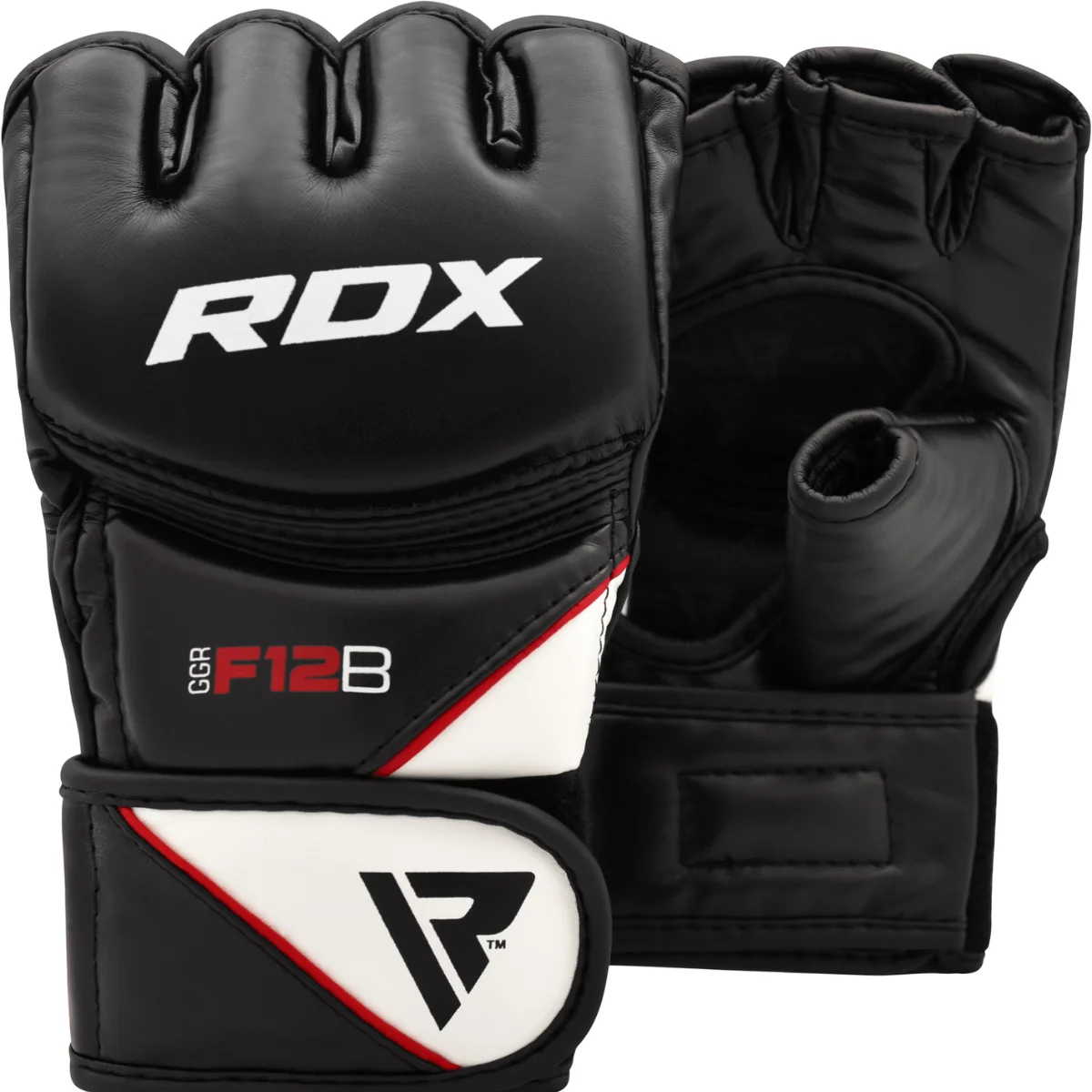 Paar zwarte en blauwe vingerloze handschoenen met RDX-logo op witte achtergrond.