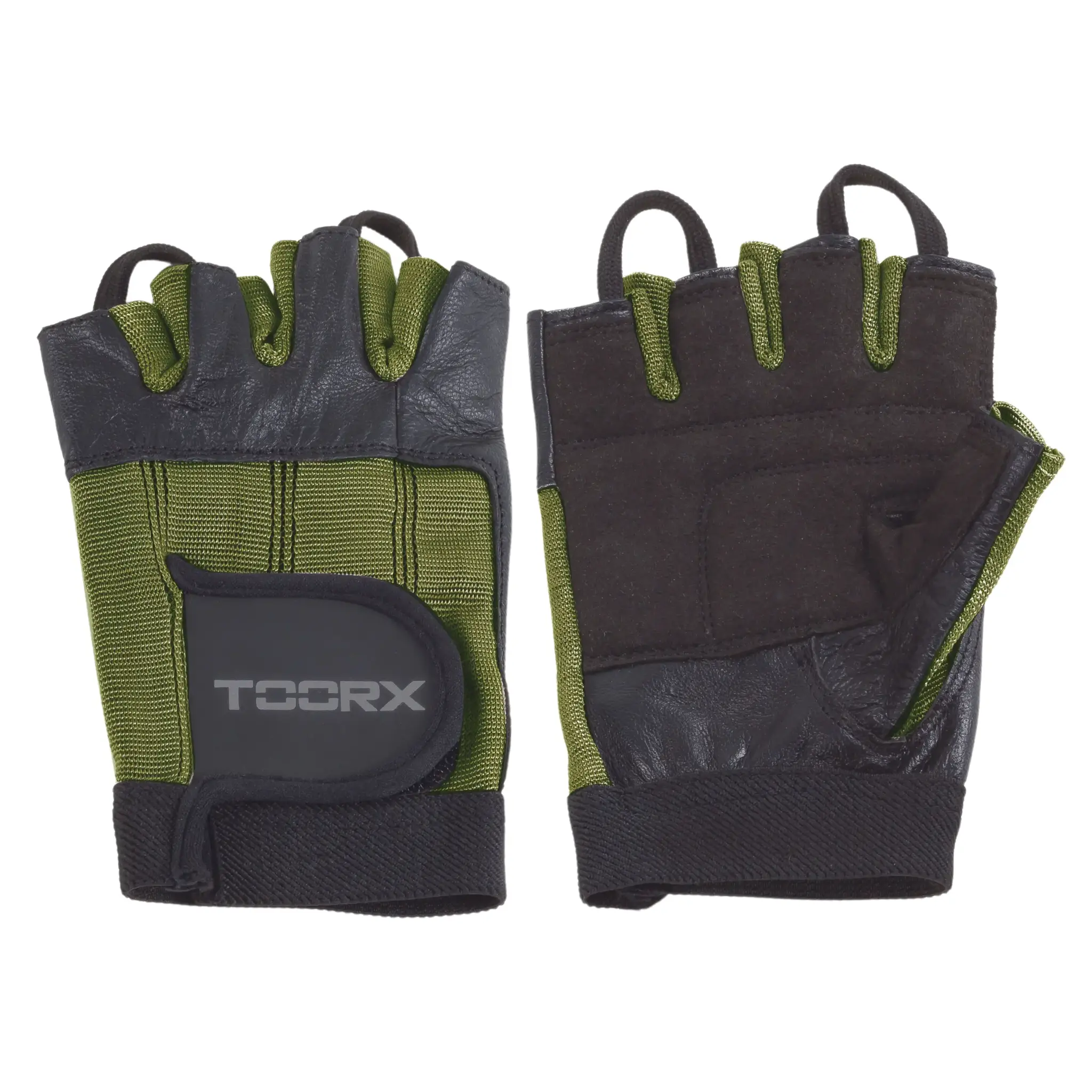 Deux gants d'haltérophilie verts et noirs. Les gants sont sans doigts et ont une sangle de poignet et le logo Toorx.