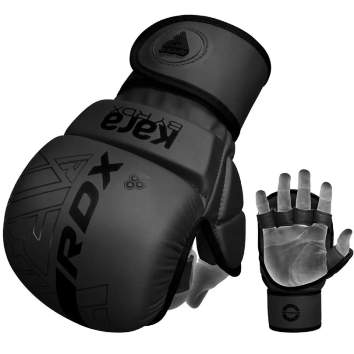 Black and grey RDX boxing glove, cut-out finger design, white background. One glove.