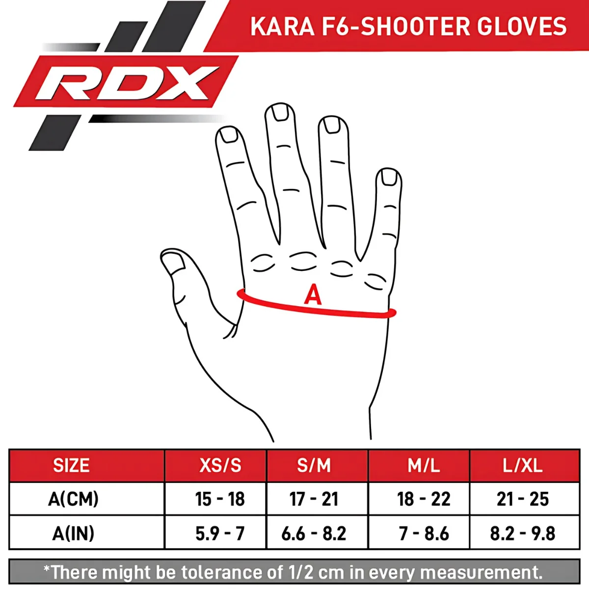 Tableau des tailles de mains pour les tailles de gants. Tailles XS/S à L/XL, avec mesures en cm et pouces. Fond blanc.