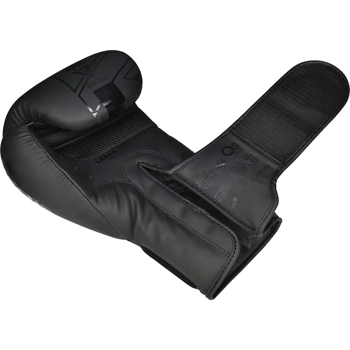 Black boxing glove with open wrist strap and a logo.  Interior is visible.