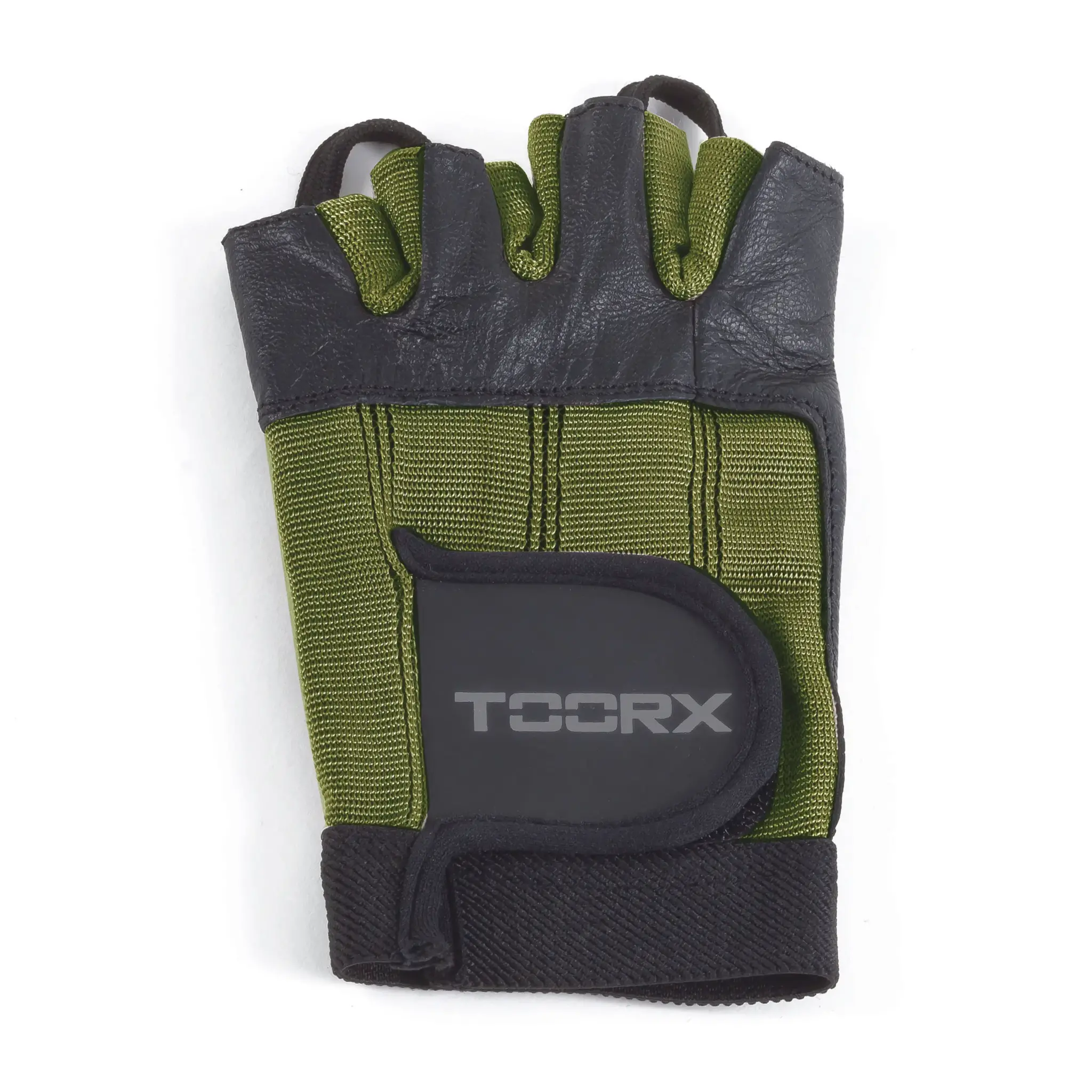 Gant d'haltérophilie vert olive et noir. Logo TOCRX sur le coussinet noir.