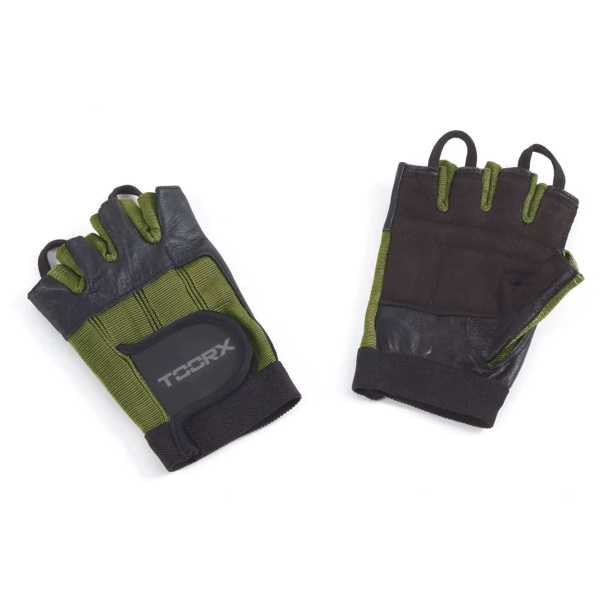 Paire de gants d'entraînement sans doigts noirs et vert olive sur blanc.