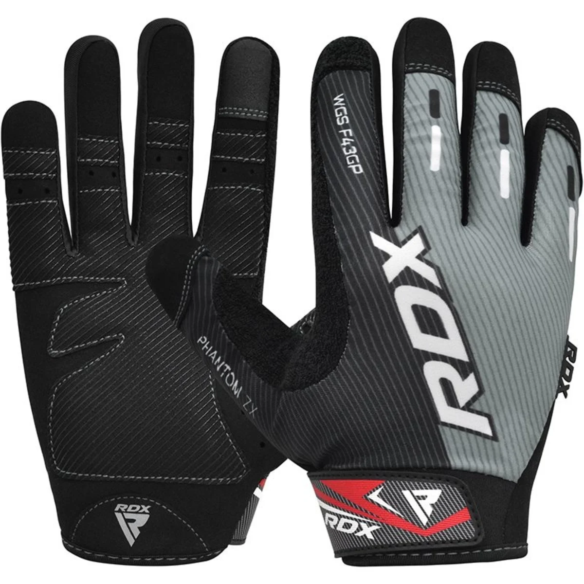 Grijze en zwarte handschoen met RDX en Phantom ZX logo's op een witte achtergrond.