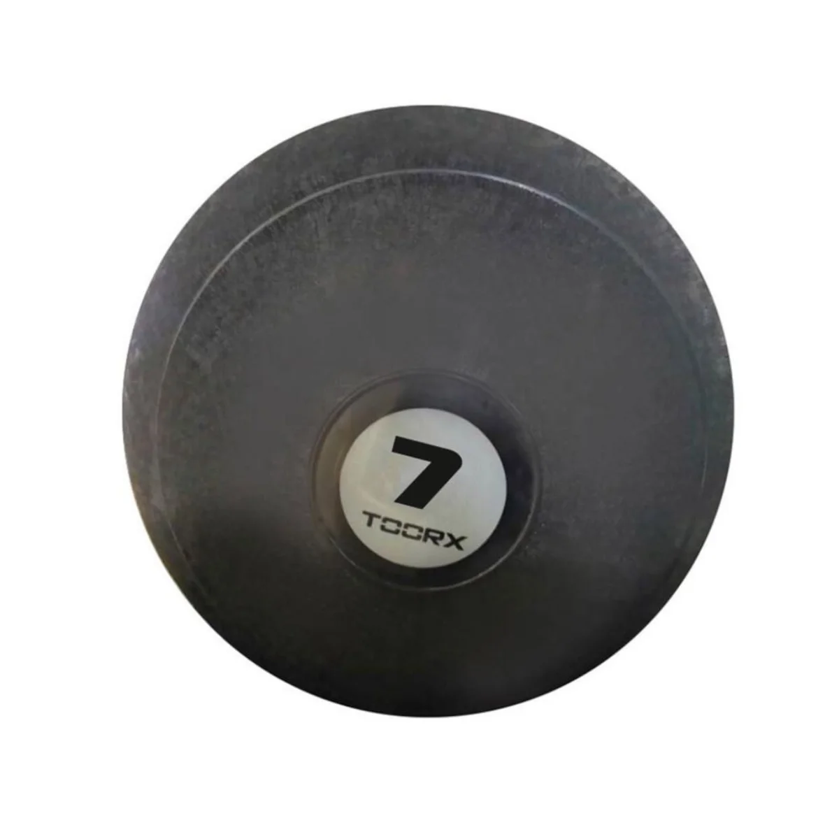 Une plaque de poids noire avec un logo blanc et le chiffre 7, isolée sur fond blanc.