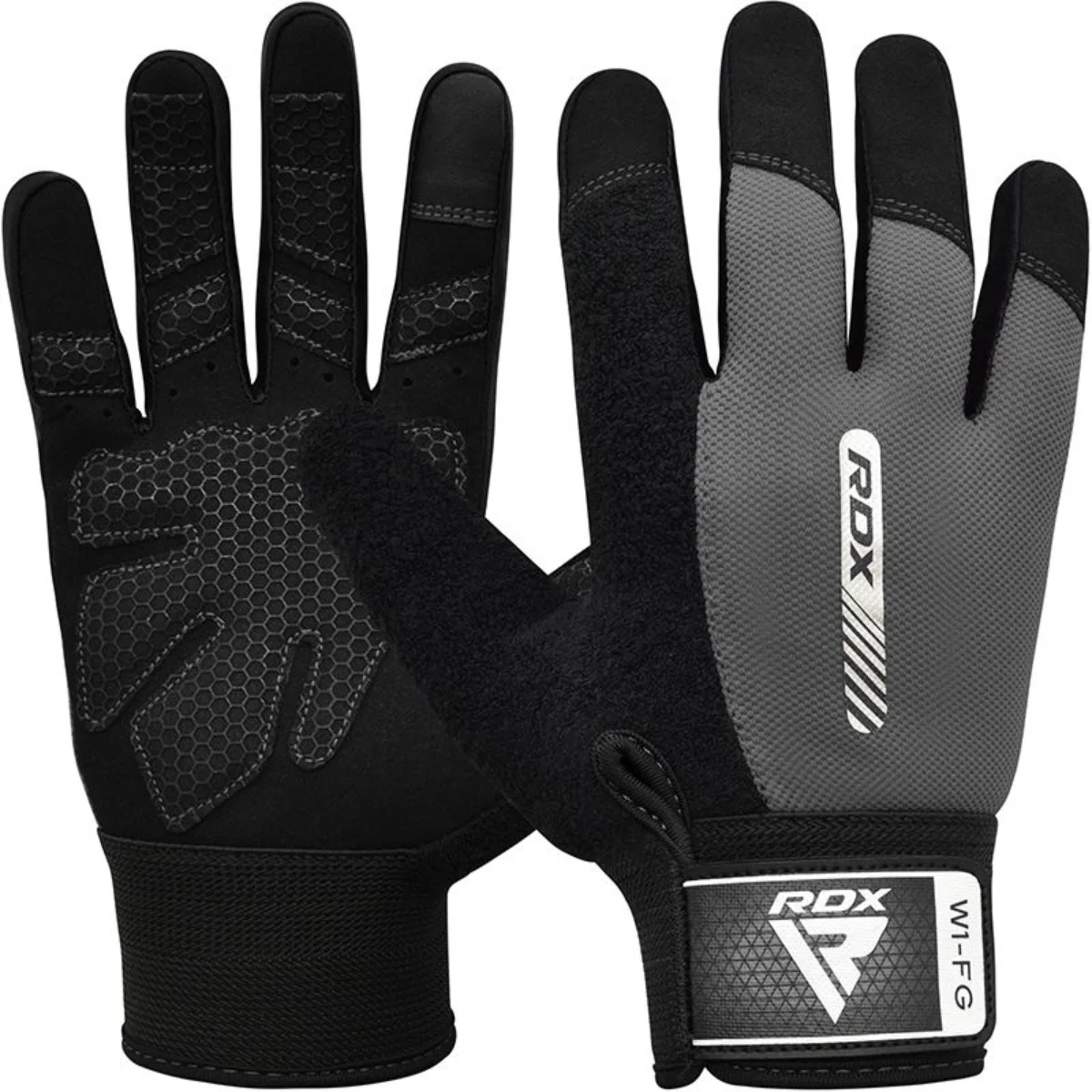 Paire de gants d'entraînement noirs et gris avec la marque 'RDX'.