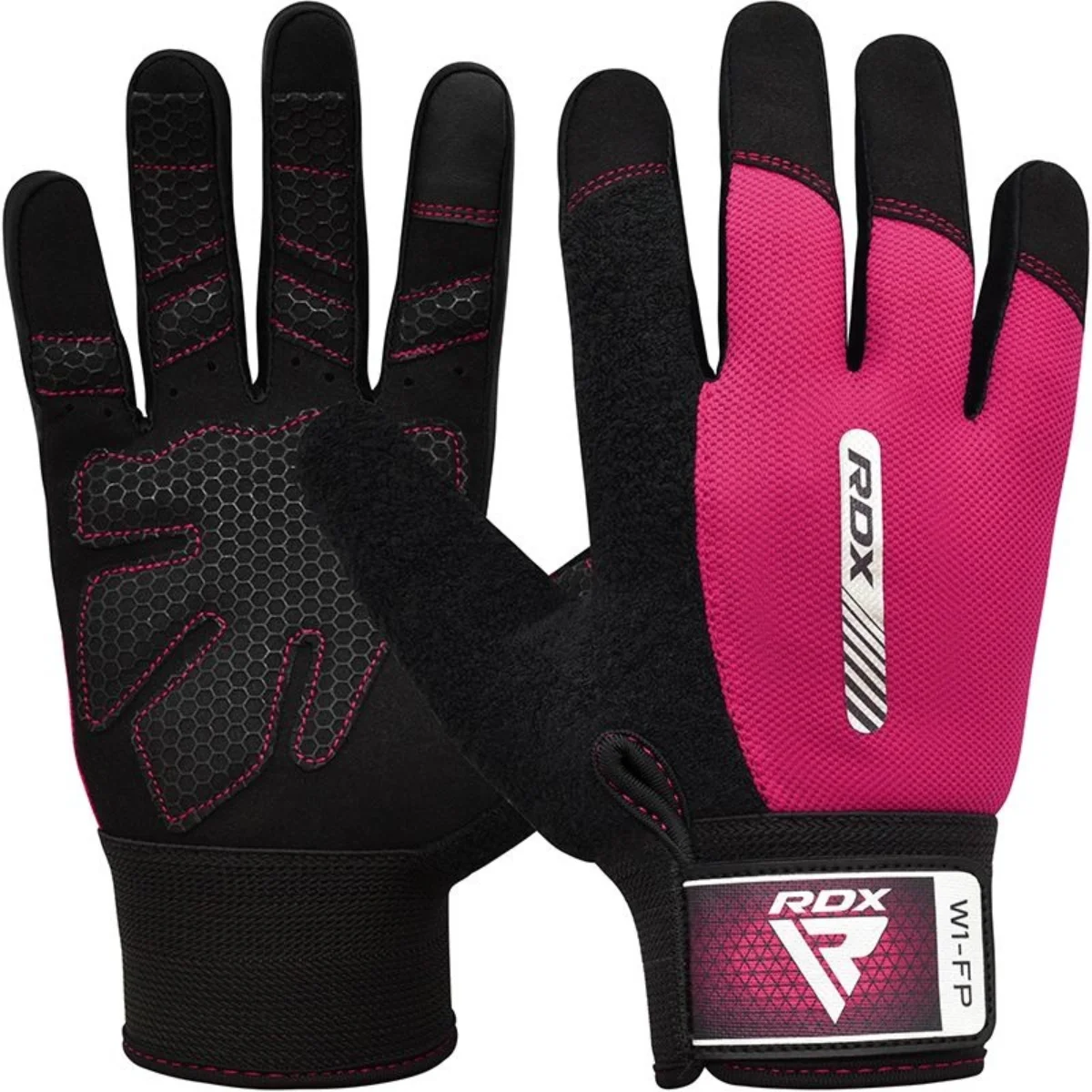 Paire de gants d'entraînement roses et noirs avec logo RDX et bouts de doigts noirs, isolé.