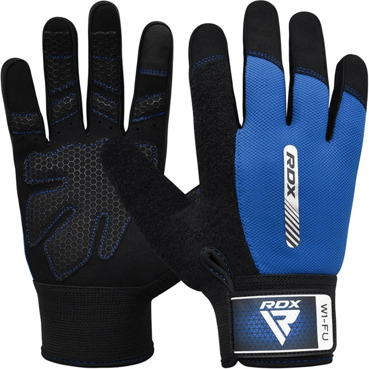 Gants d'entraînement noirs et bleus, avec logo RDX, fond blanc. Une paire de gants.