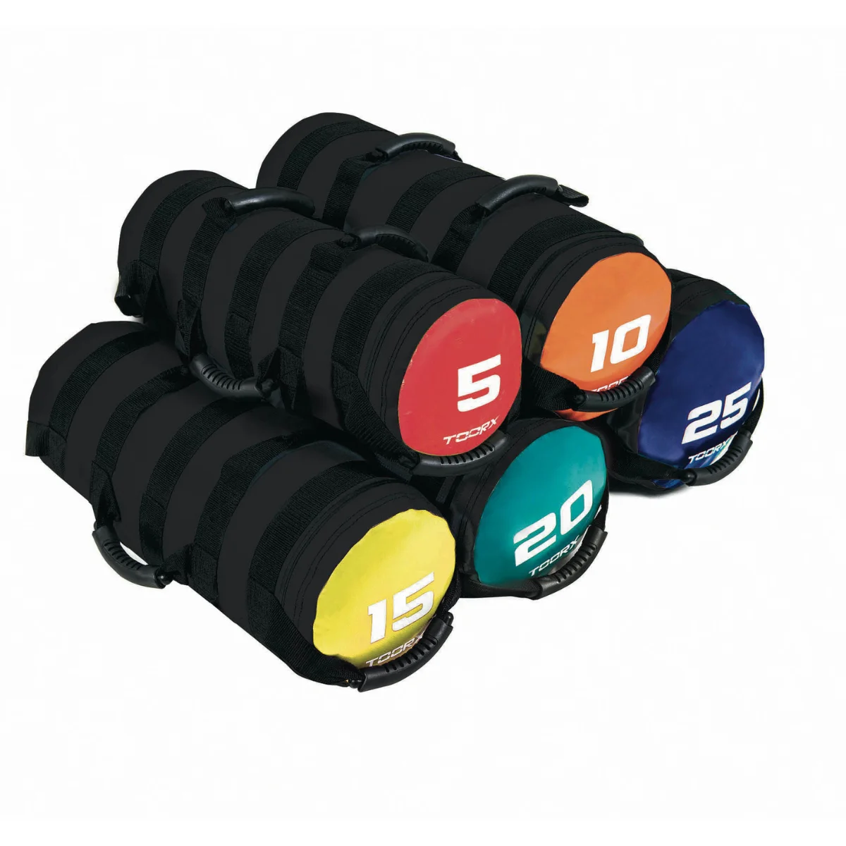 Six sacs de sport noirs avec poids étiquetés 5, 10, 15, 20 et 25, sur fond blanc.