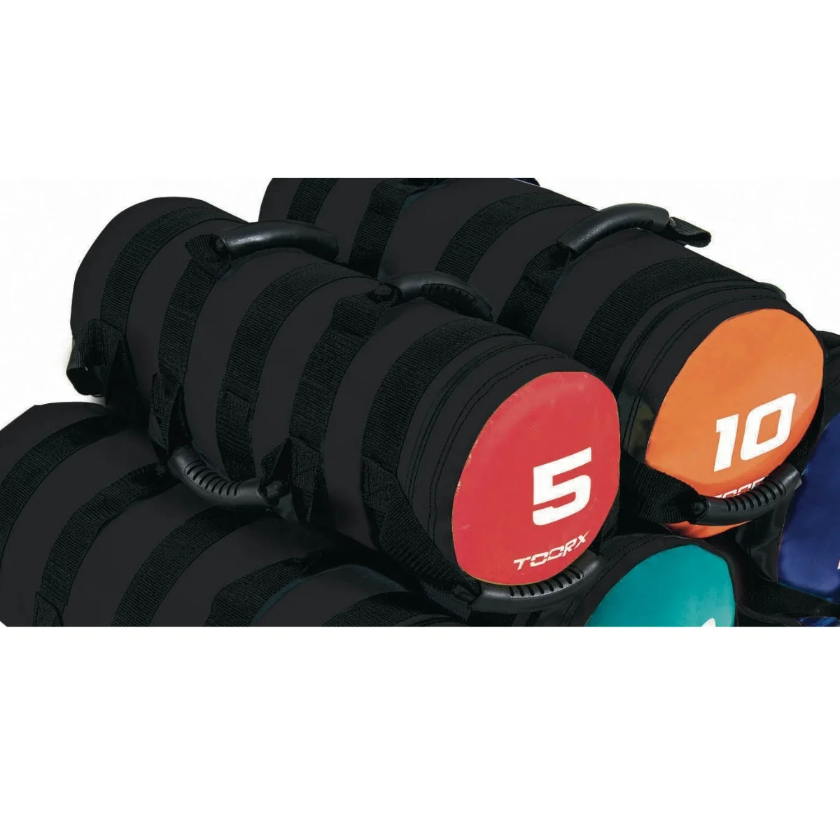Sacs de poids noirs avec des extrémités de différentes couleurs et la marque 'TOORX'.