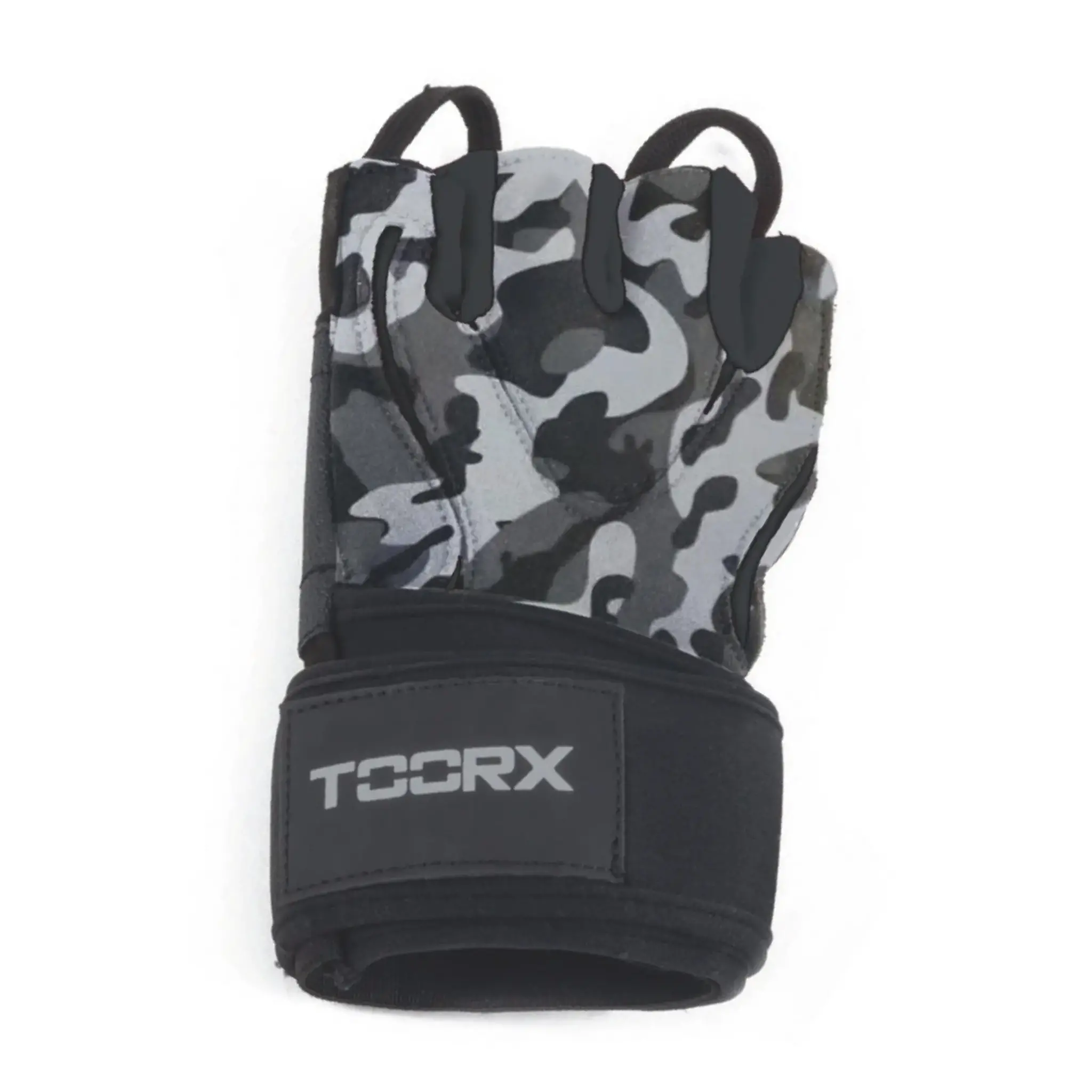 Un gant d'haltérophilie camouflage gris et noir avec une sangle de poignet. Le gant porte le logo Toorx sur la sangle.